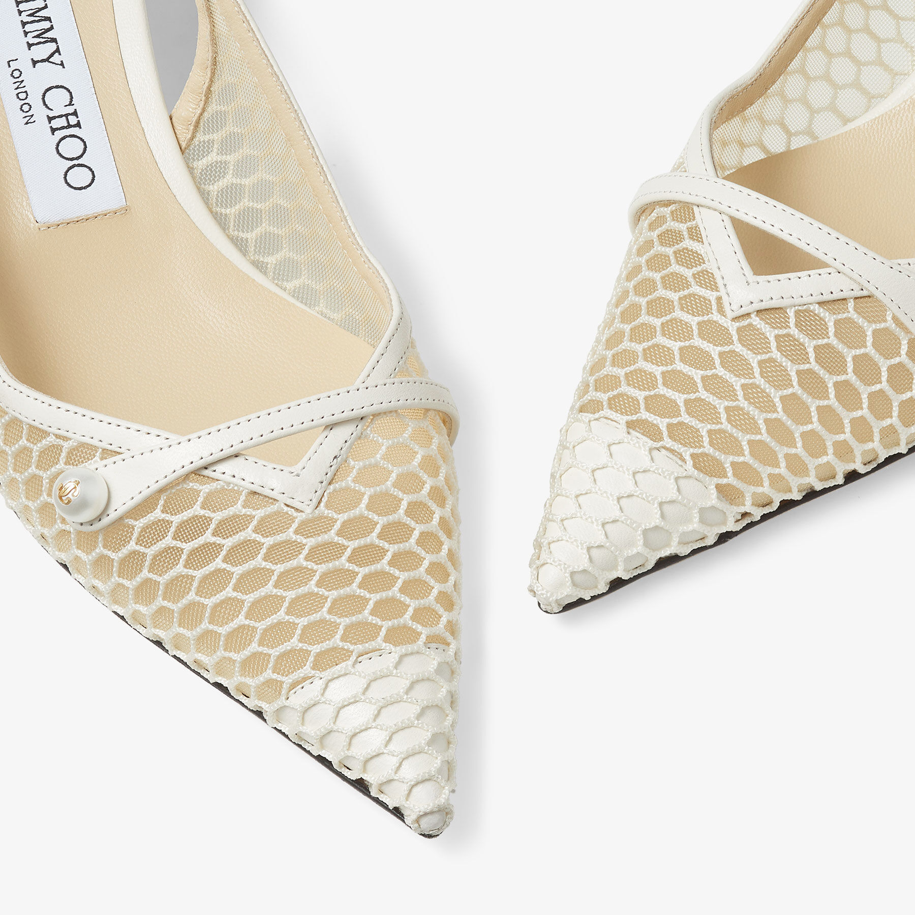 Amita 45 White Fishnet Mesh and Latte Nappa Slingback Pumps