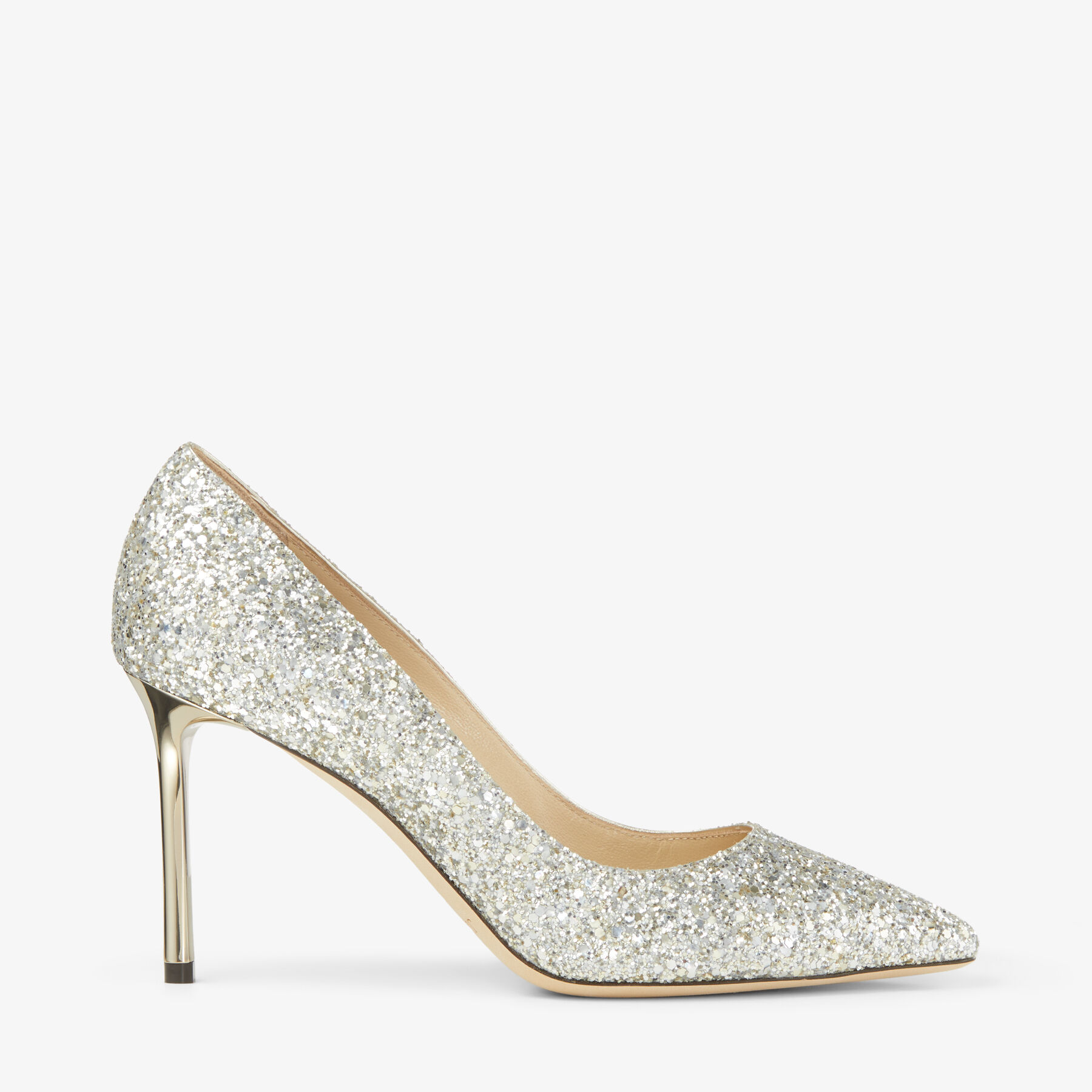 Romy 85 Champagne Coarse Glitter Fabric Pointy Toe Pumps