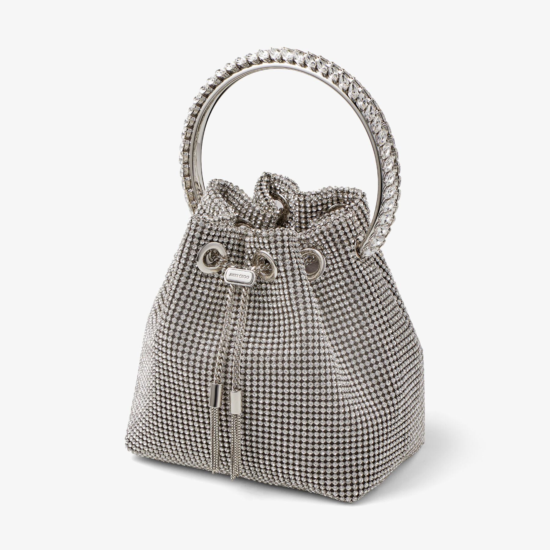 Bon Bon Silver Satin Crystal Mesh Bag with Crystal Handle