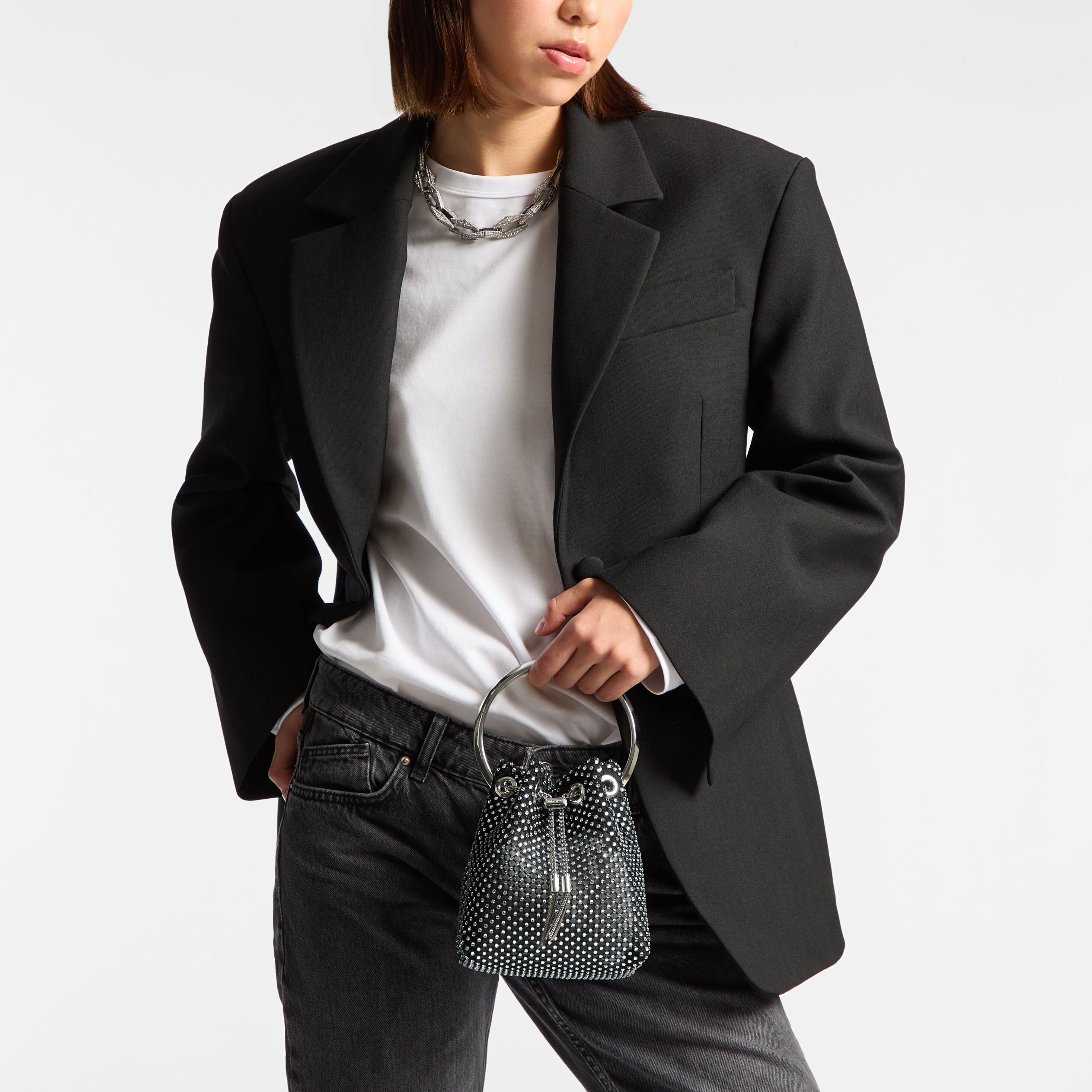 Bon Bon Black Satin Crystal Mesh Handbag