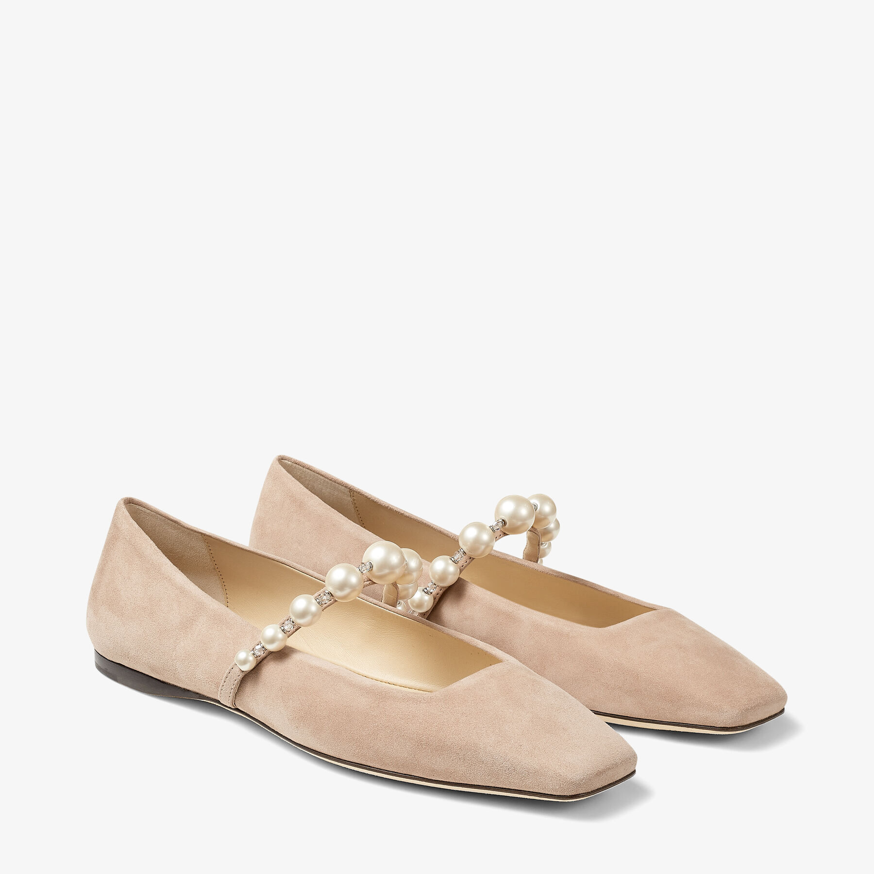 Ade Flat Ballet Pink Suede Flats with Pearl Embellishment