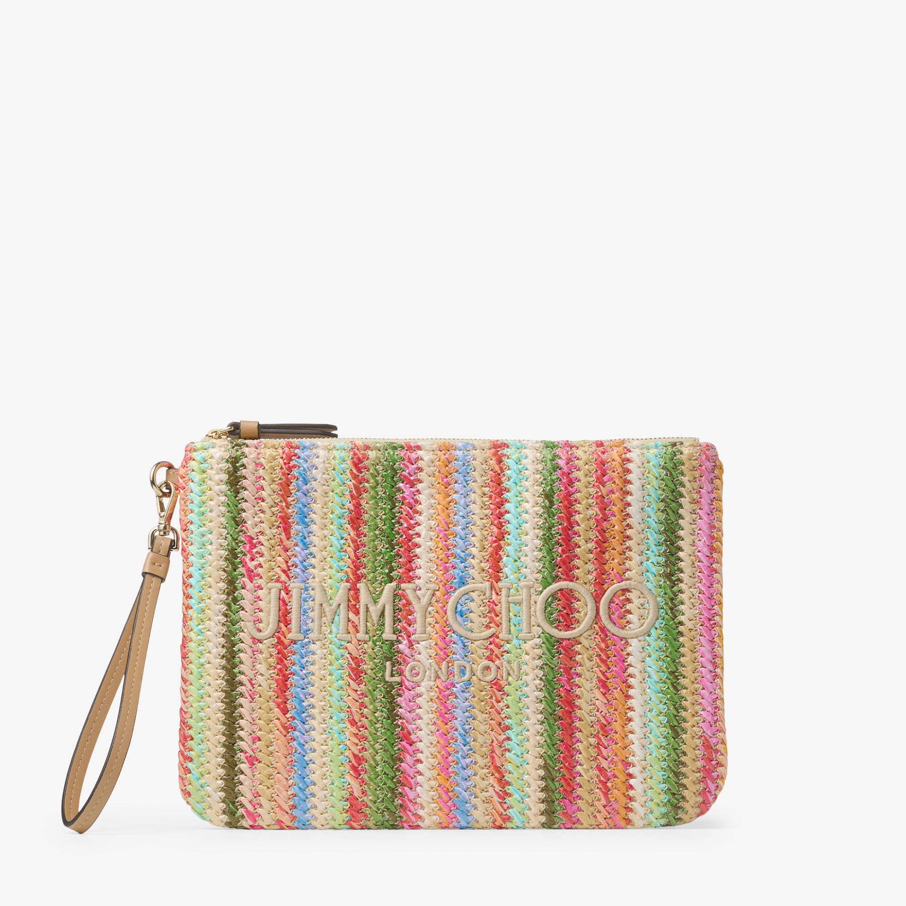 Zip Top Pouch Ecru Striped Raffia Pouch