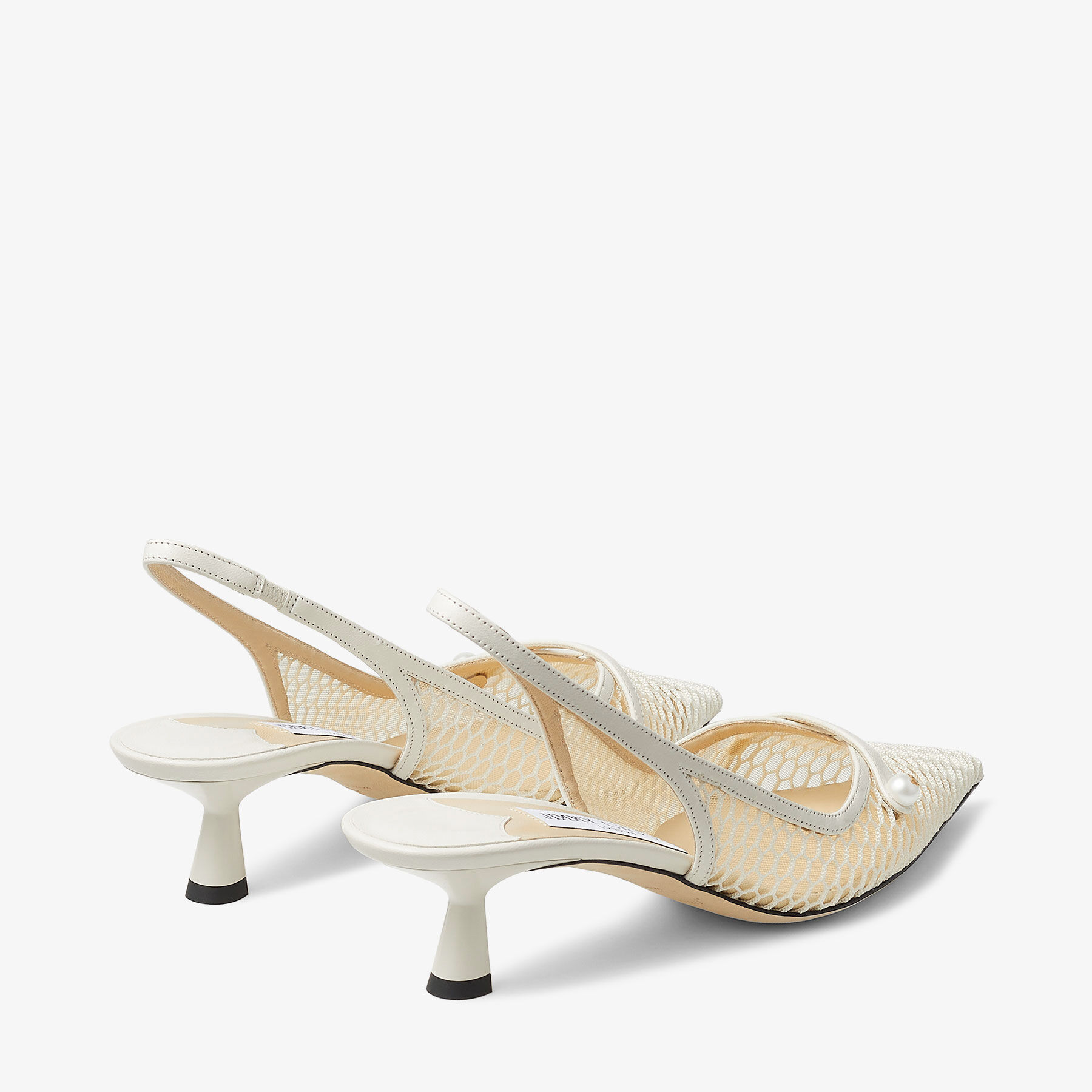 Amita 45 White Fishnet Mesh and Latte Nappa Slingback Pumps