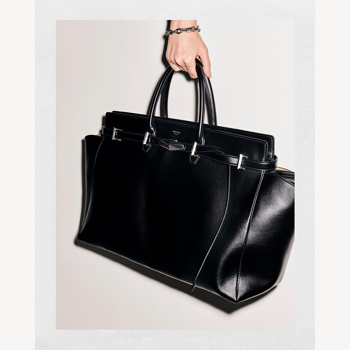 Diamond Belted Top Handle M Black Leather Top Handle Bag