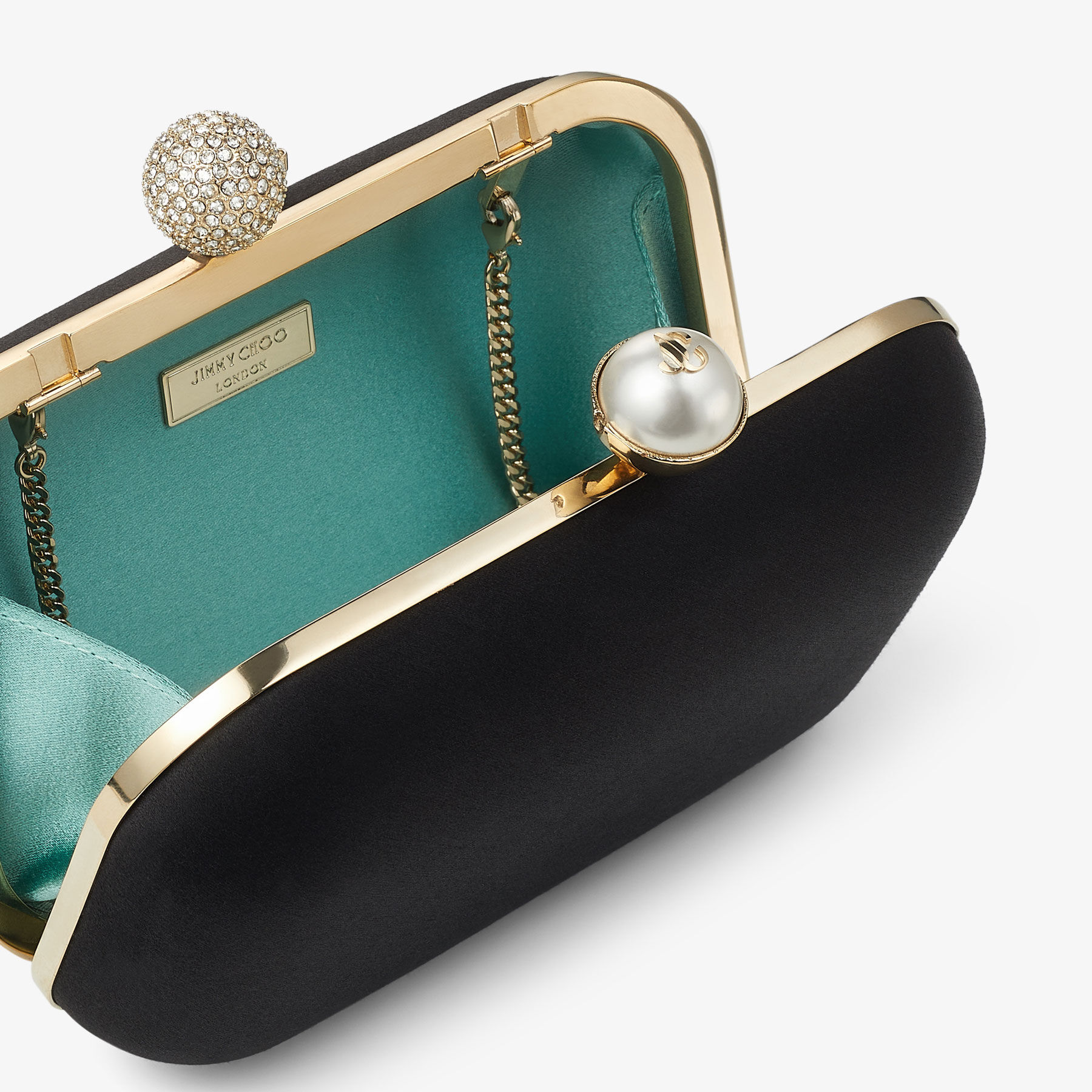 Cloud Black Satin Clutch Bag with Pearl and Crystal Clasp
