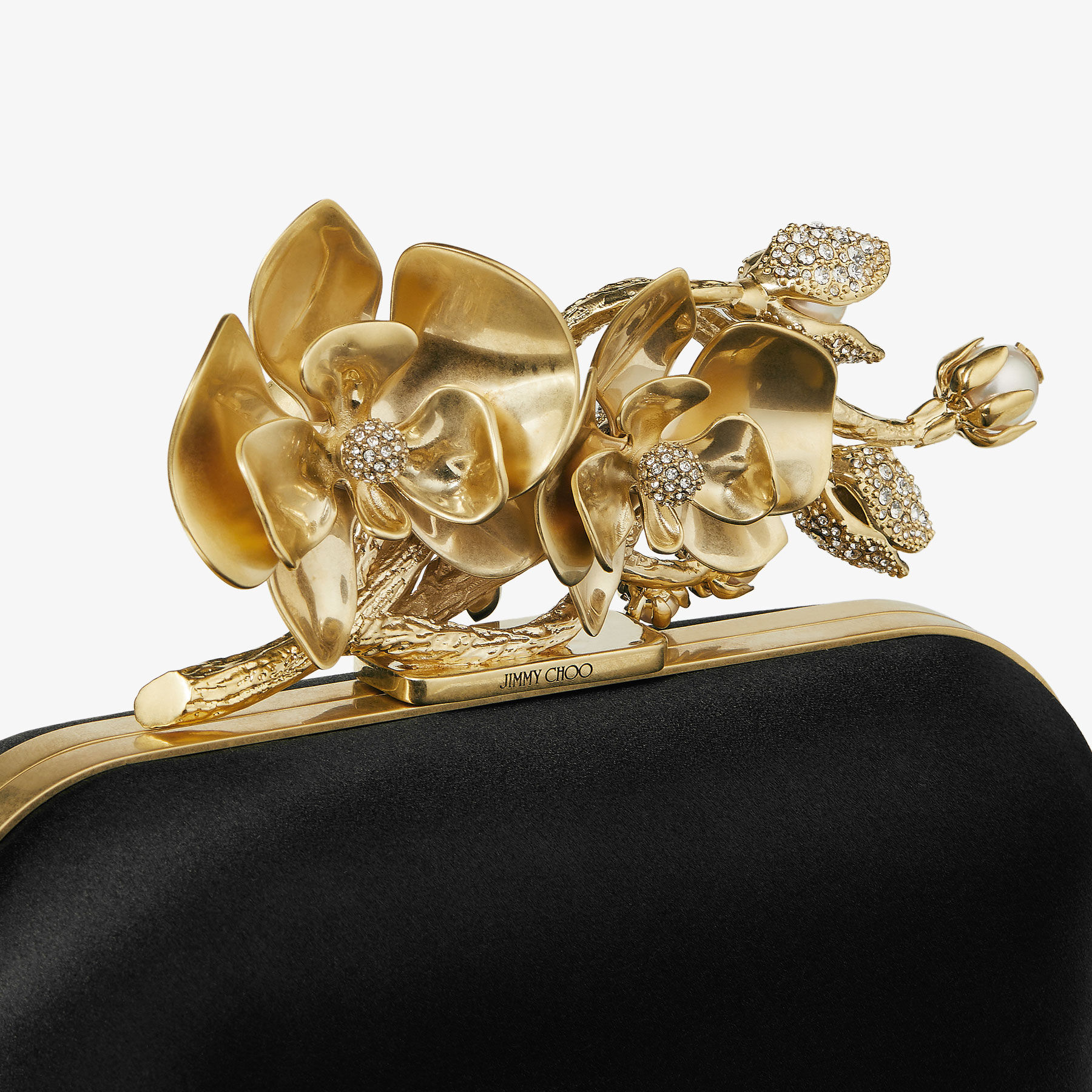 Cloud Black Satin Clutch Bag with Flower Clasp