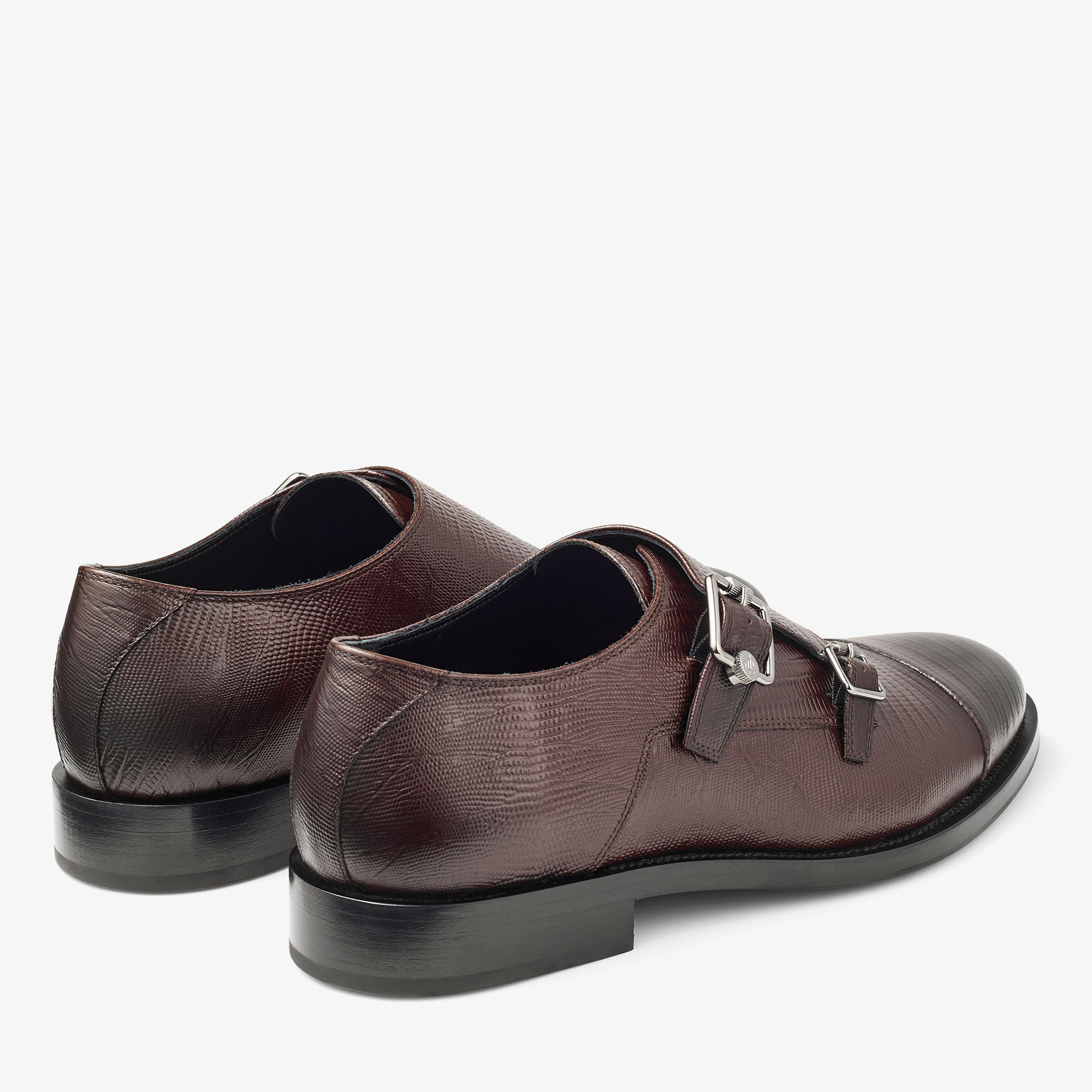 Finnion Monkstrap Coffee Lizard Printed Leather Shoes