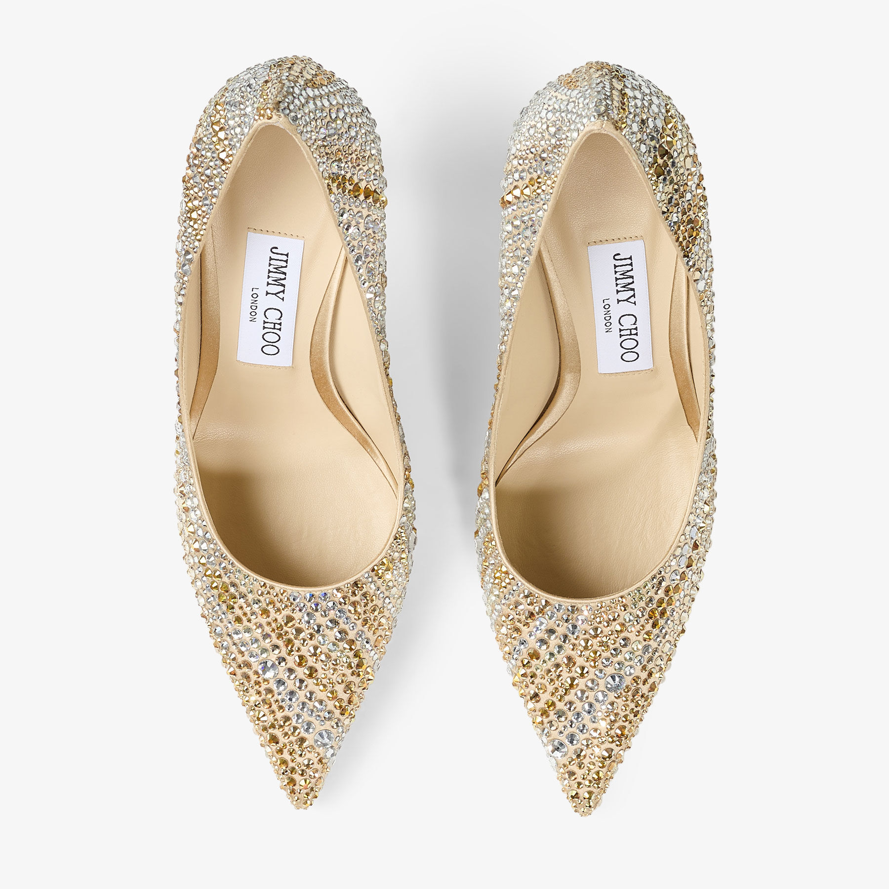 Love 85 Gold Satin Crystal Pumps