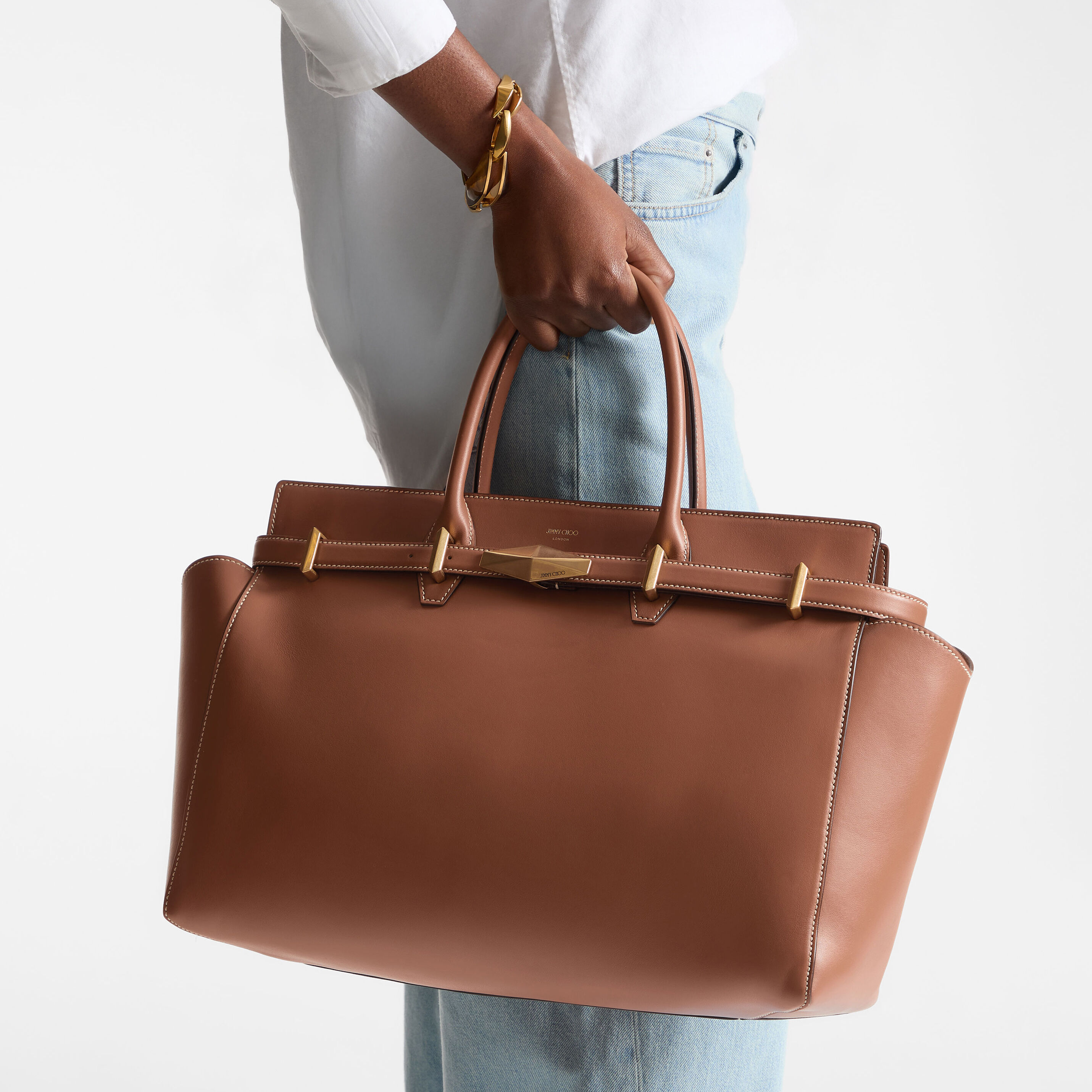 Diamond Belted Top Handle M Tan Leather Top Handle Bag