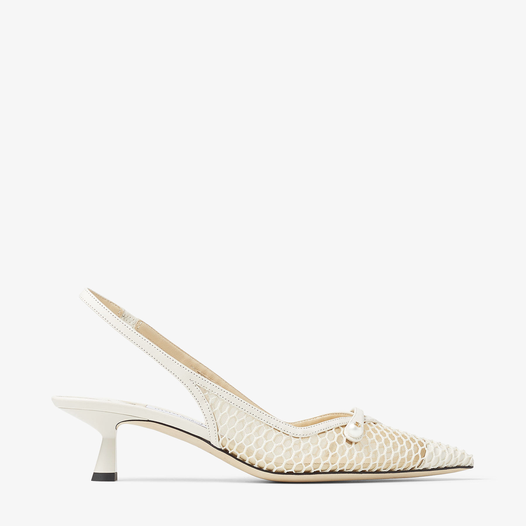 Amita 45 White Fishnet Mesh and Latte Nappa Slingback Pumps