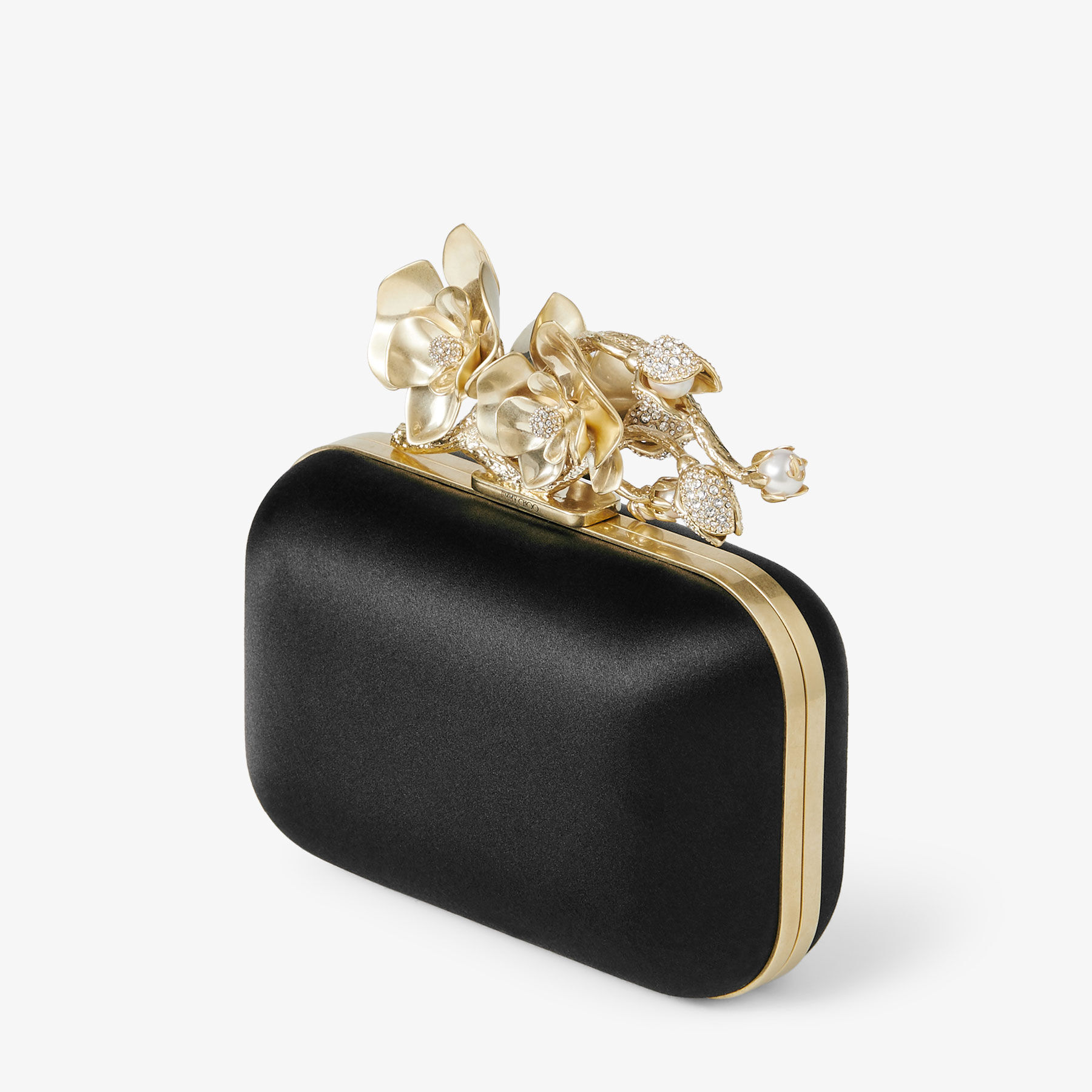 Cloud Black Satin Clutch Bag with Flower Clasp