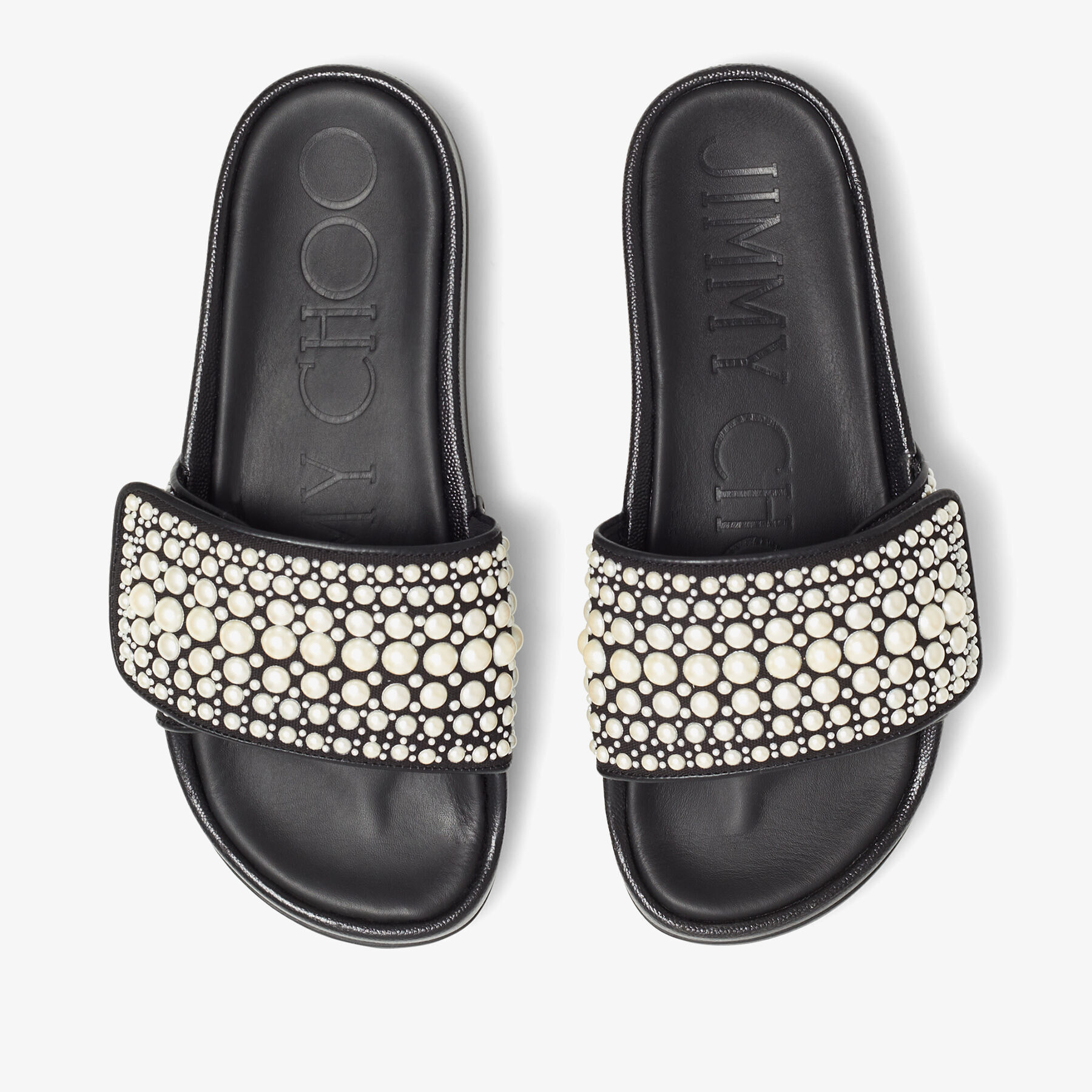 Fitz F Black Canvas and Leather Slides with Pearls
