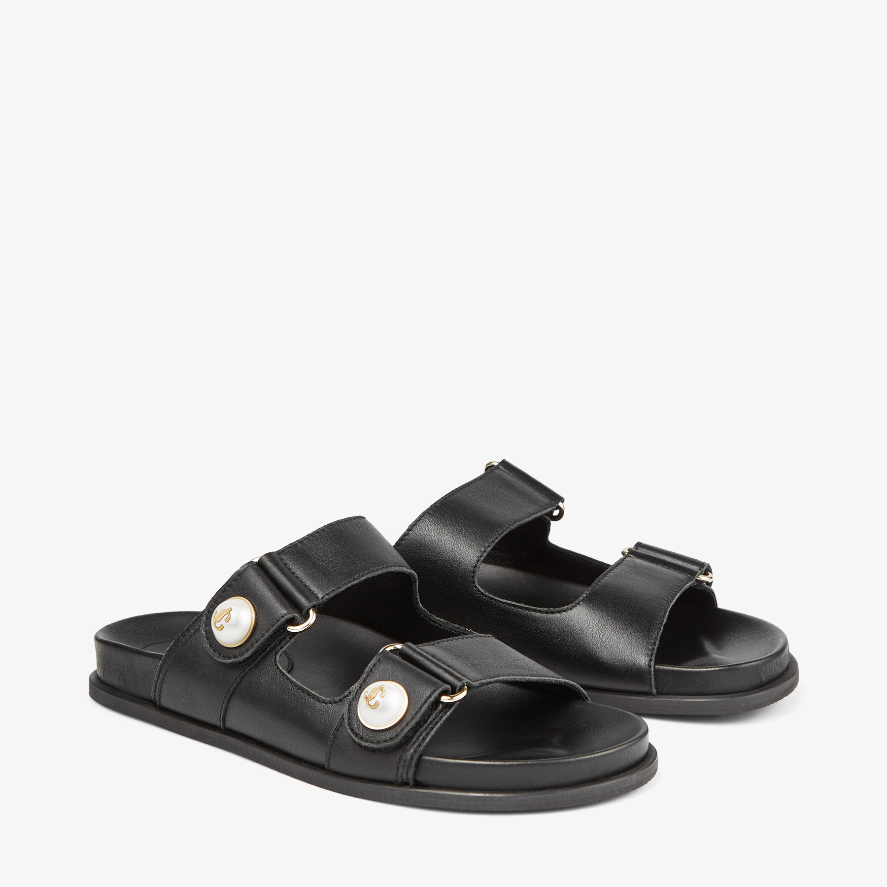 Fayence Sandal Black Leather Flat Sandals with Pearl Embellishment