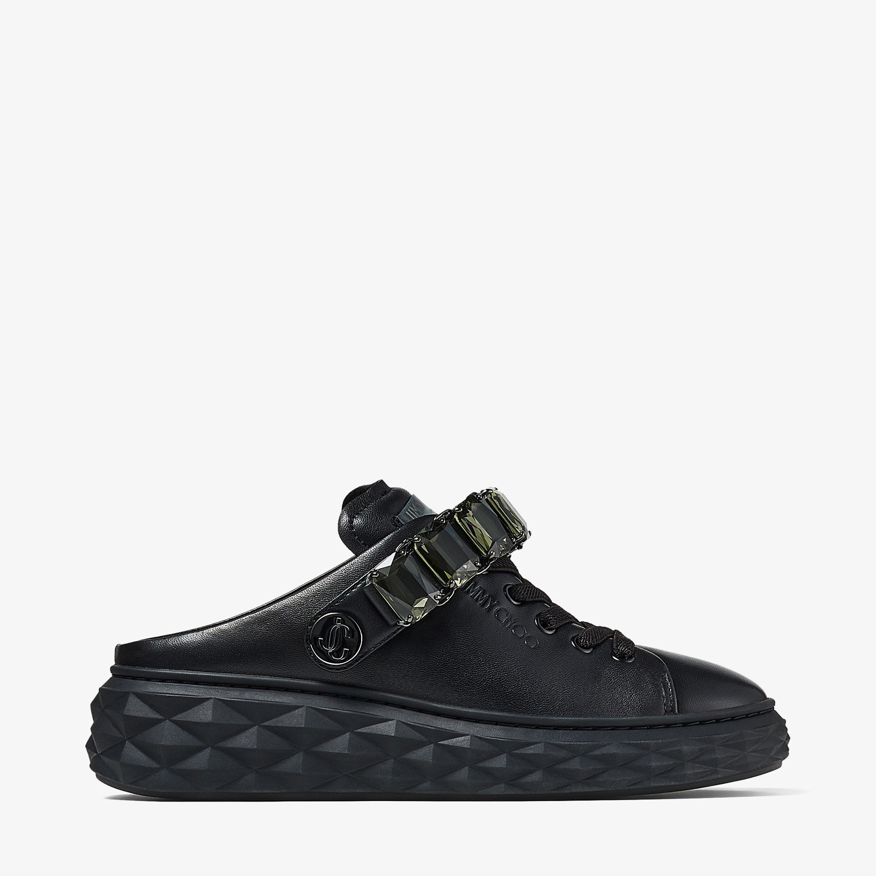 Diamond Sling Black Nappa Leather Slipper Trainers with Crystal Strap