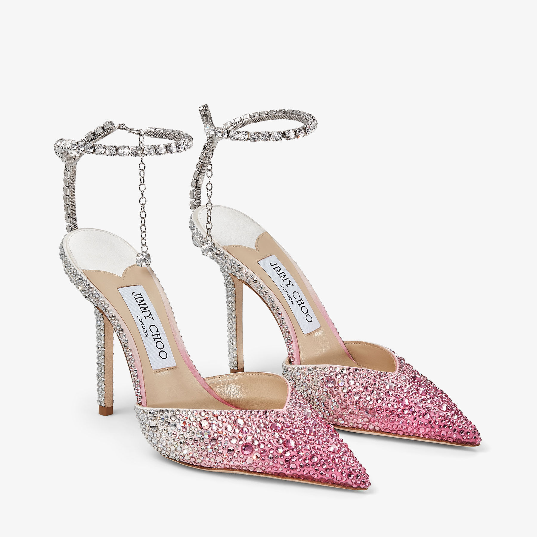 Saeda 100 Candy Pink Satin Pumps with Crystals