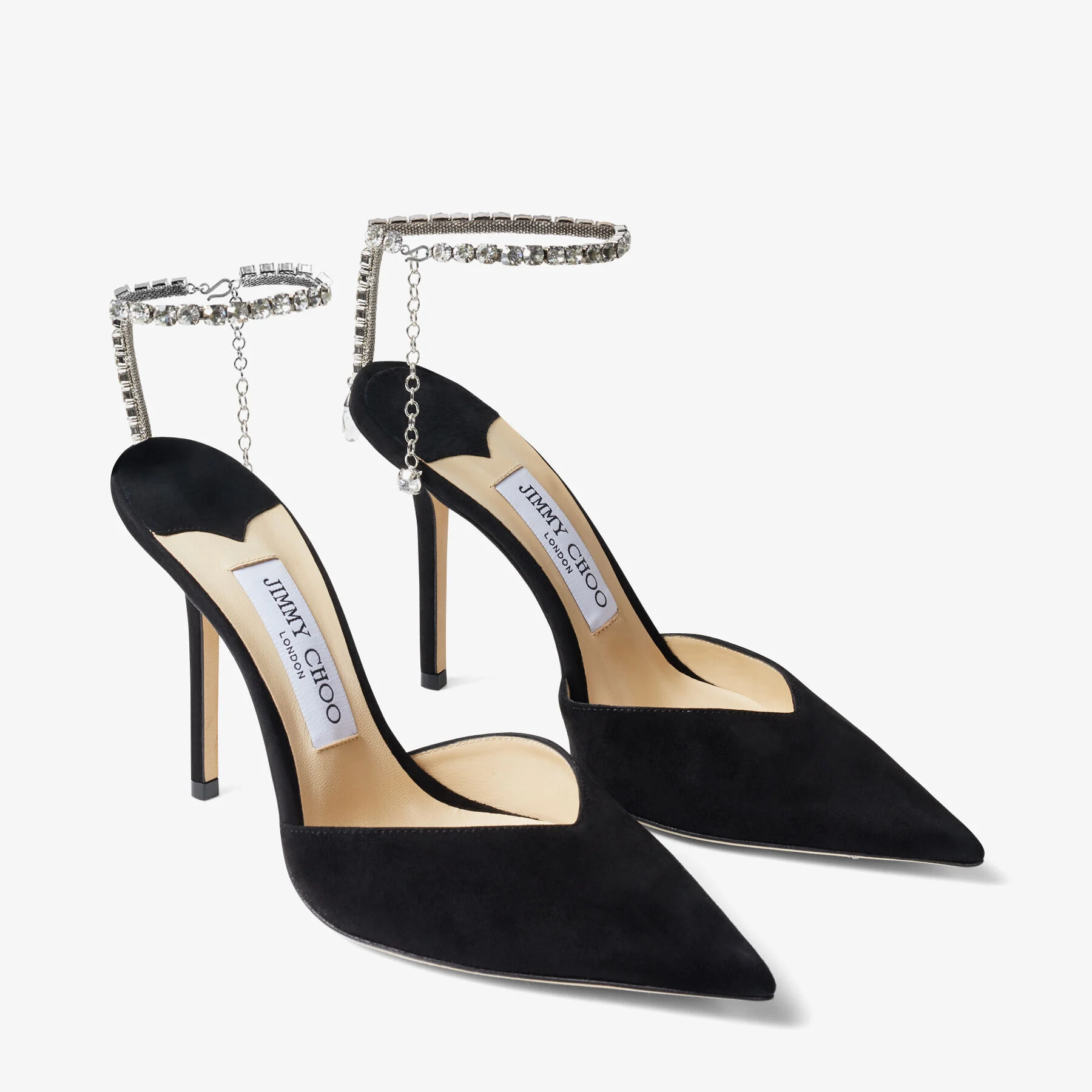 Saeda 100 Black Suede Pumps with Crystal Embellishment