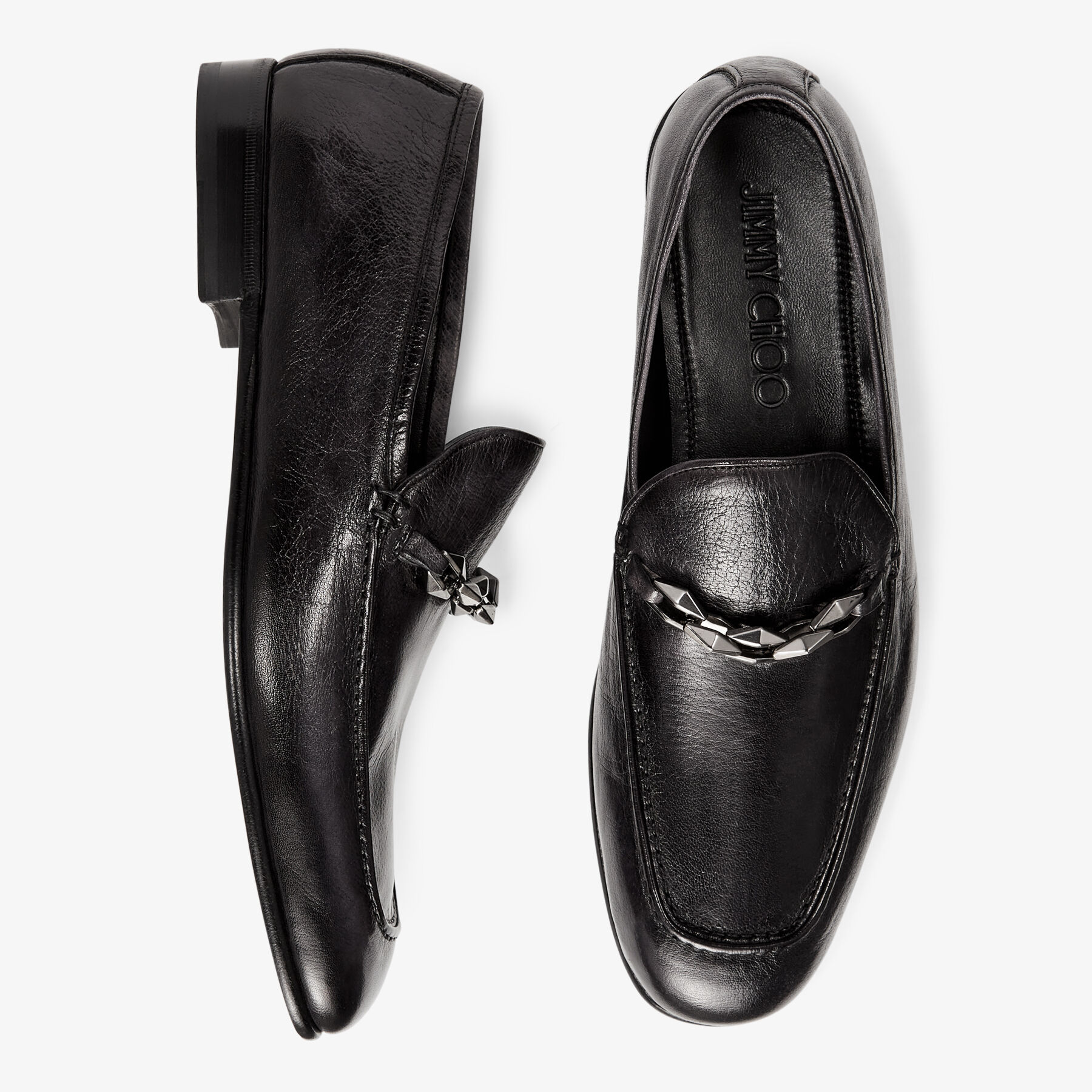 Marti Reverse Black Buffalo Leather Loafers with Chain Embellishment