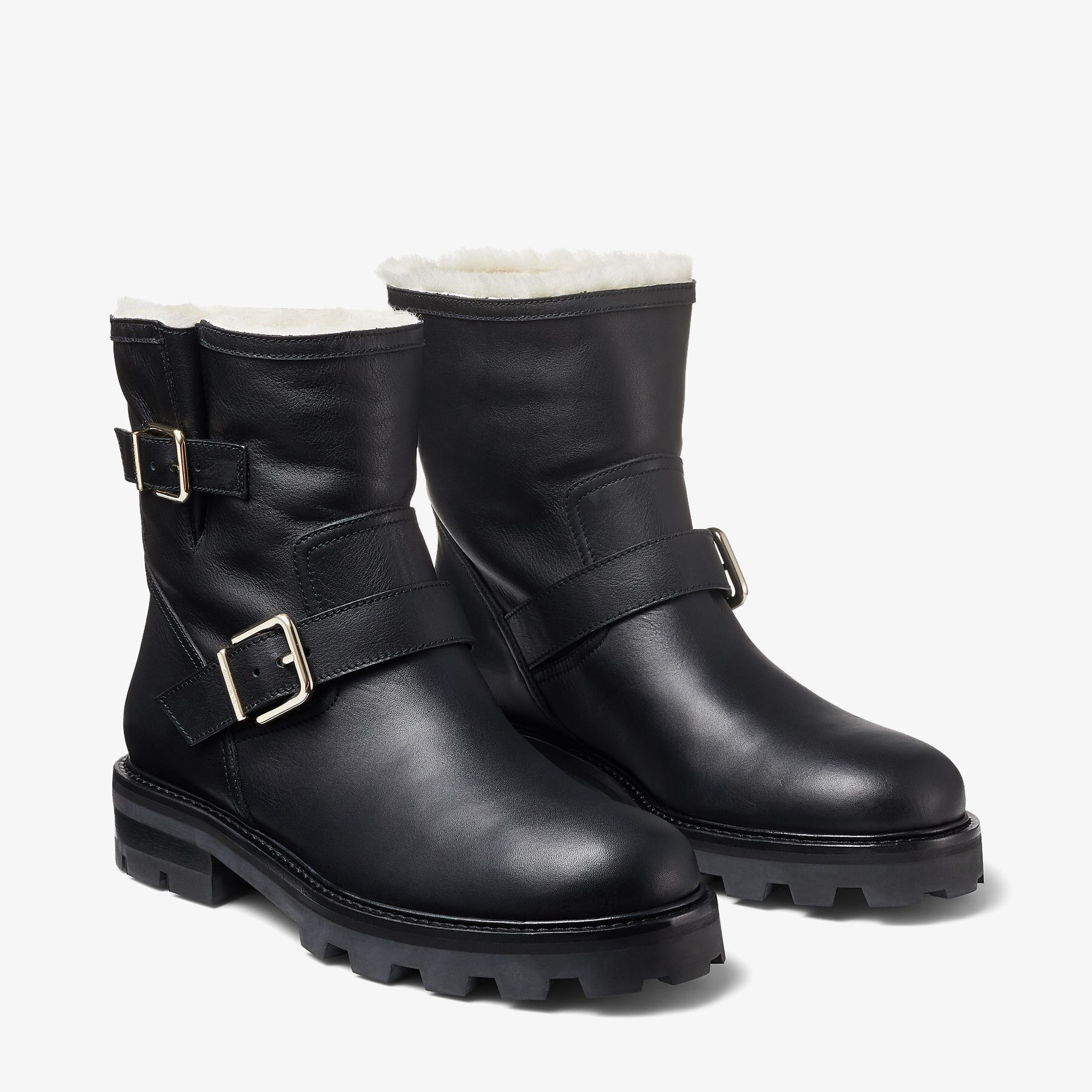 Youth II Shearling Black Smooth Leather Biker Boots with Gold Buckles and Shearling Lining