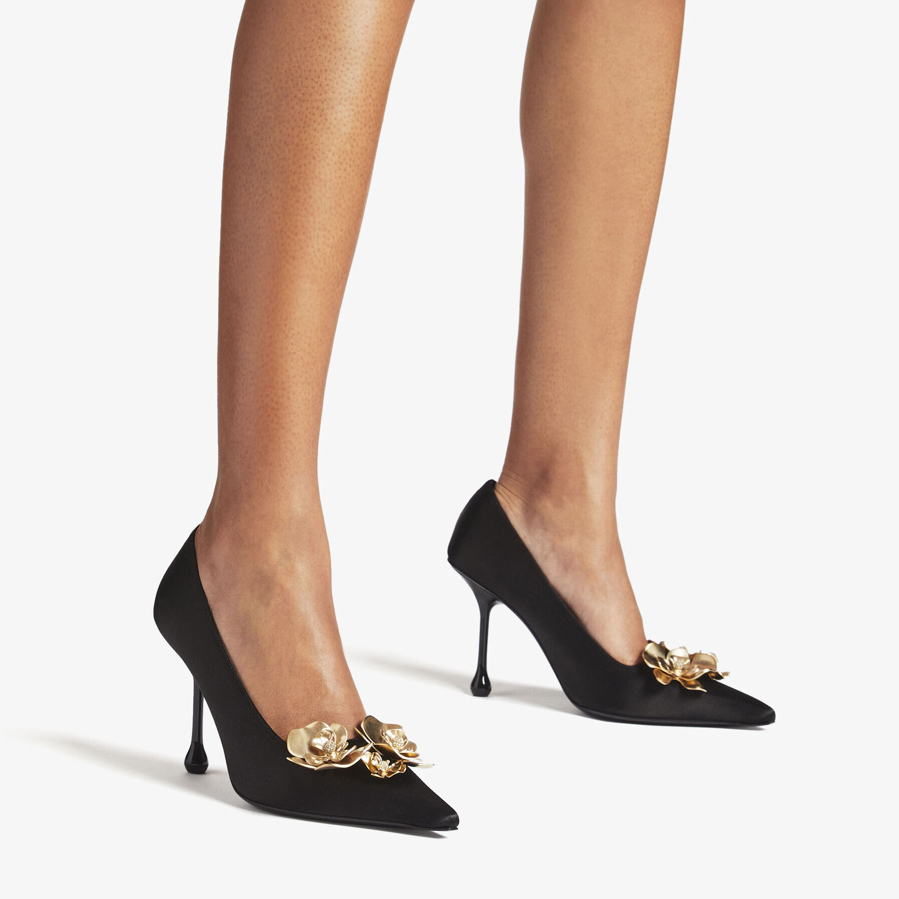 Ixia 95 Black Satin Pumps with Flowers