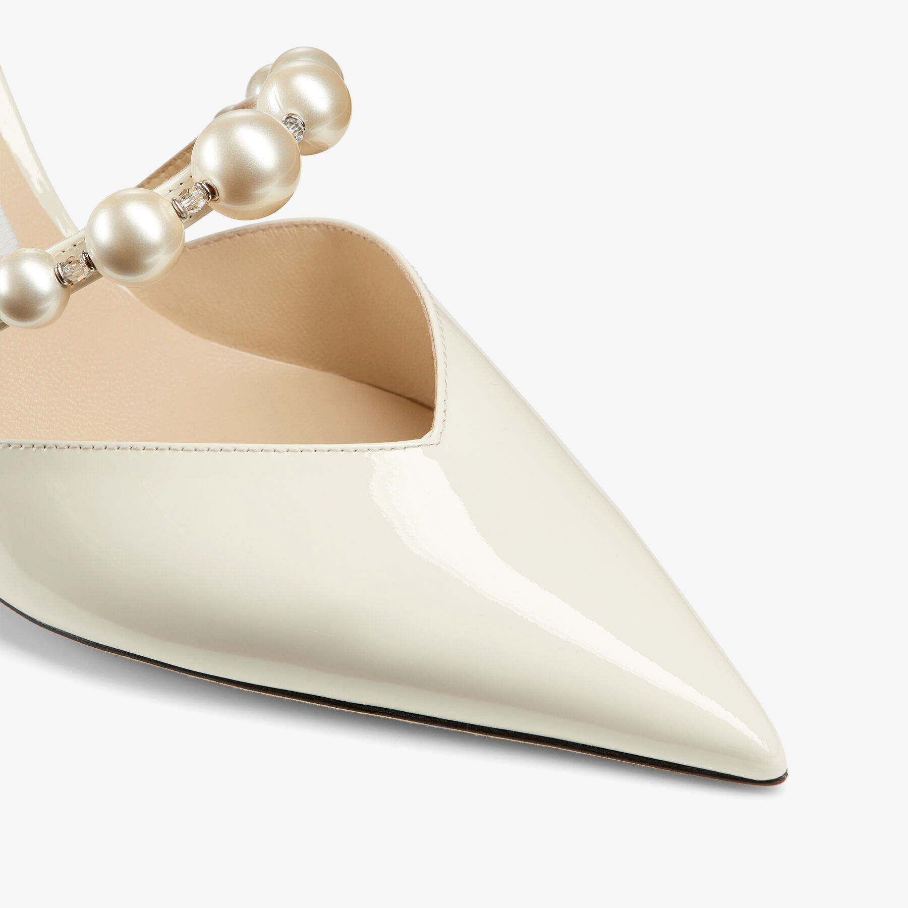 Aurelie 85 Latte Patent Leather Pointed Pumps with Pearl Embellishment