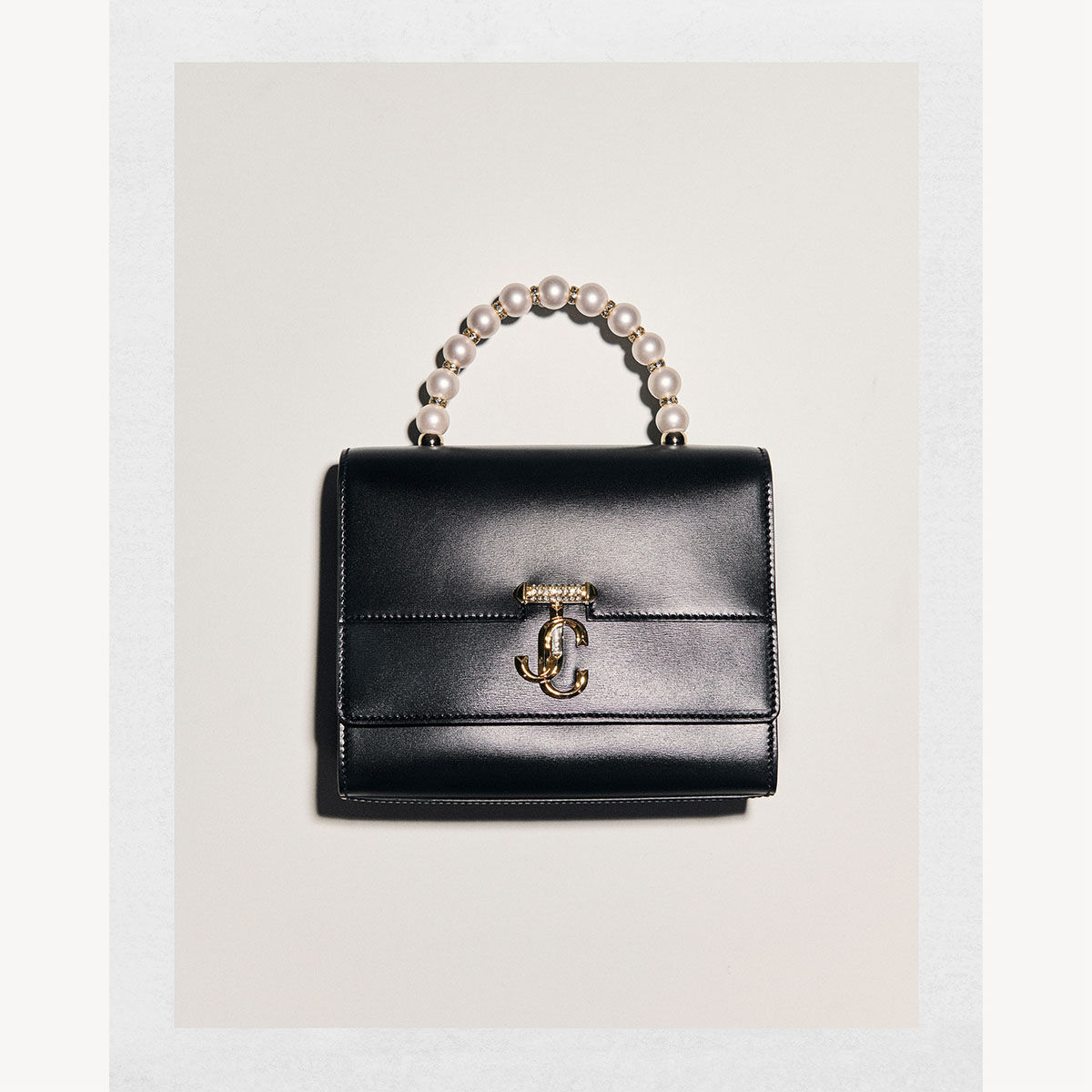 Avenue  Top Handle S Black Box Leather Top Handle Bag with Pearls