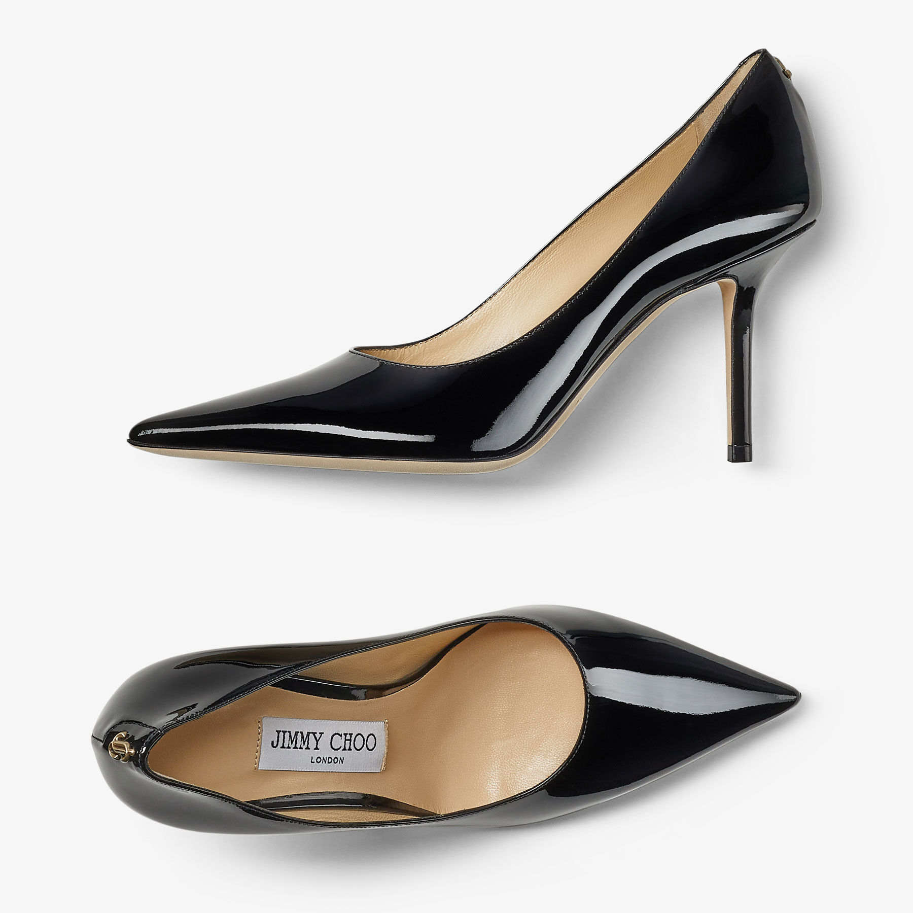 Love 85 Black Patent Leather Pumps with JC Emblem