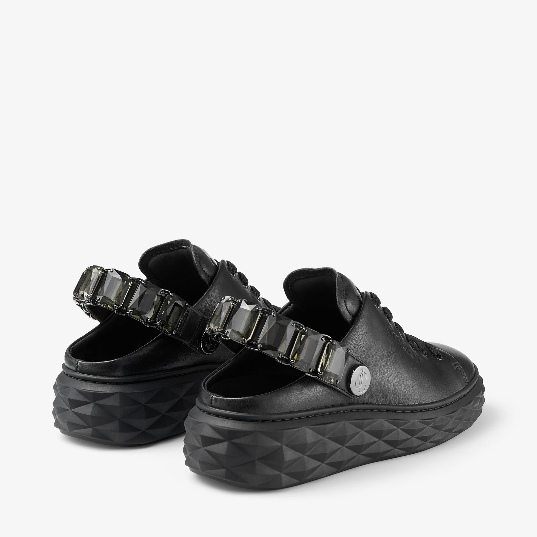 Diamond Sling Black Nappa Leather Slipper Trainers with Crystal Strap