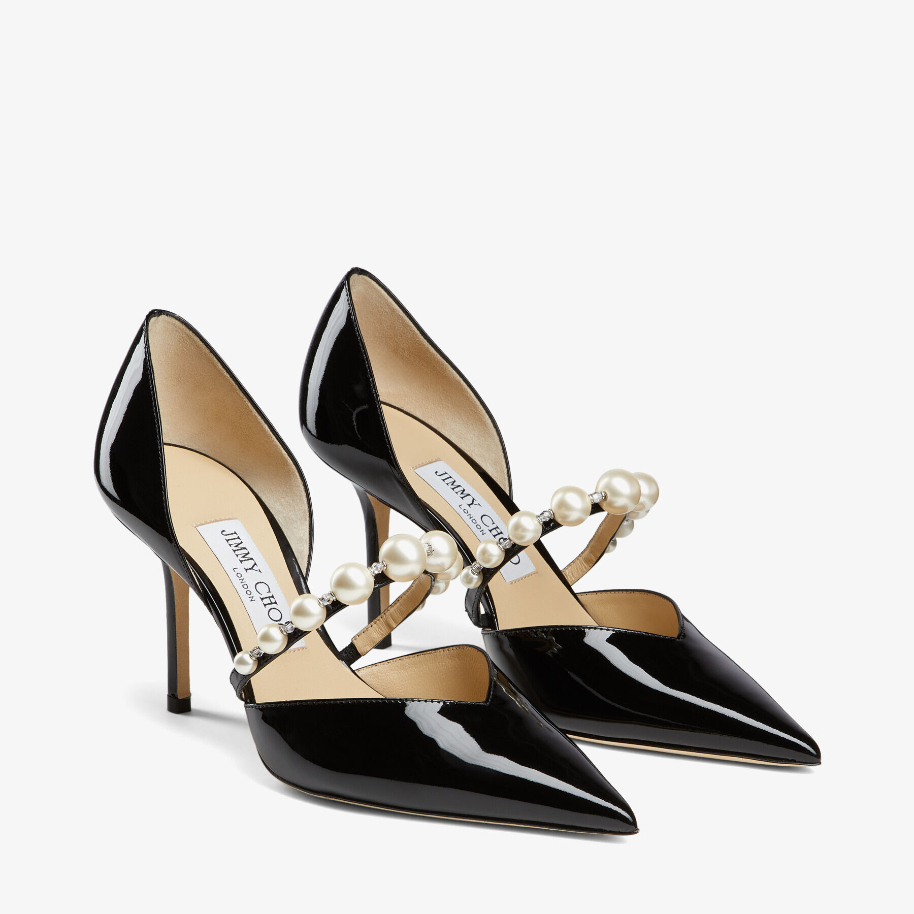 Aurelie 85 Black Patent Leather Pointed Pumps with Pearl Embellishment
