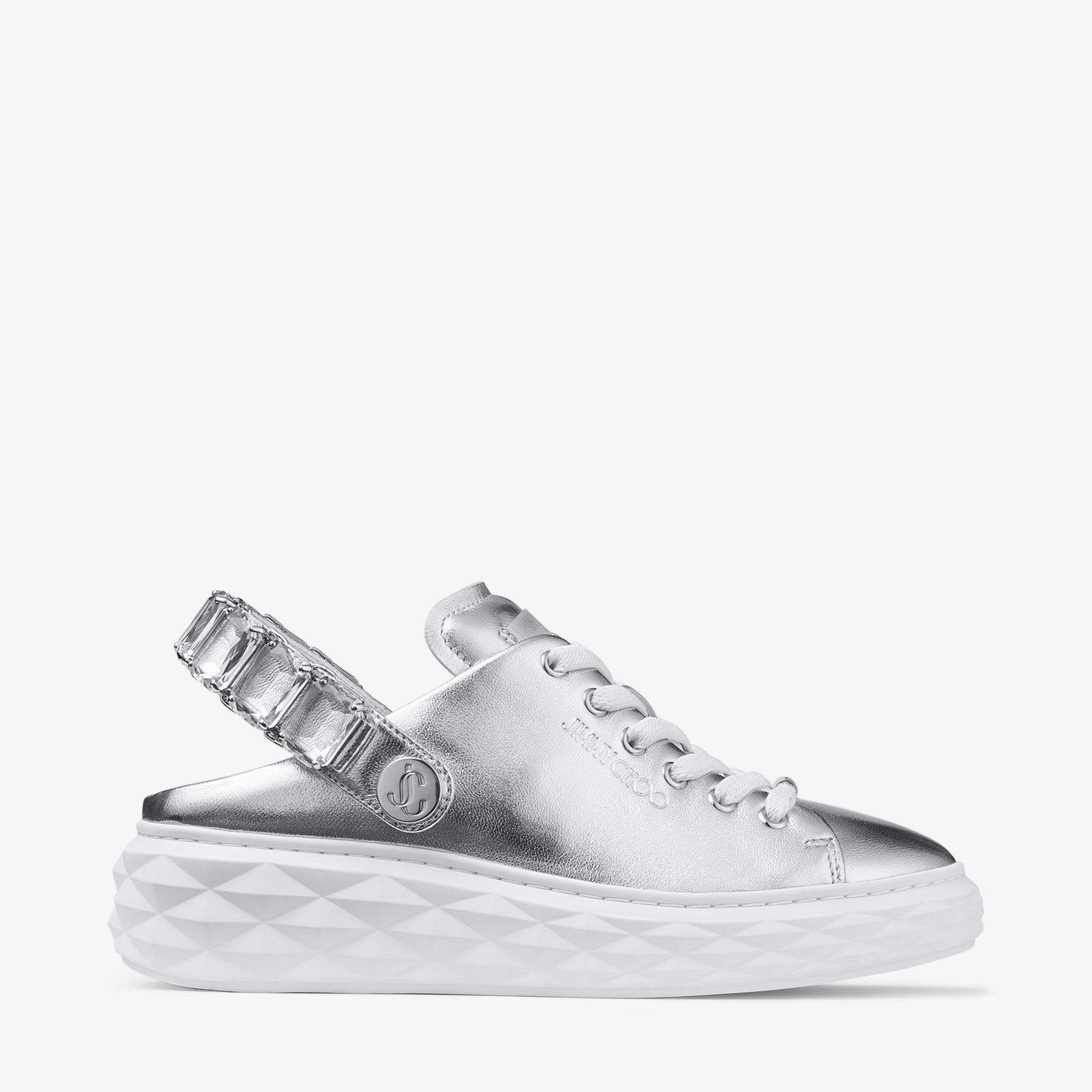 Diamond Sling Silver Metallic Leather Slipper Trainers with Crystal Strap