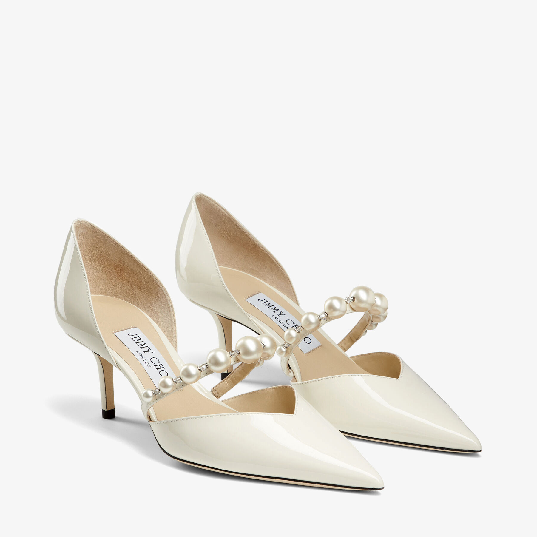 Aurelie 65 Latte Patent Leather Pointed Pumps with Pearl Embellishment