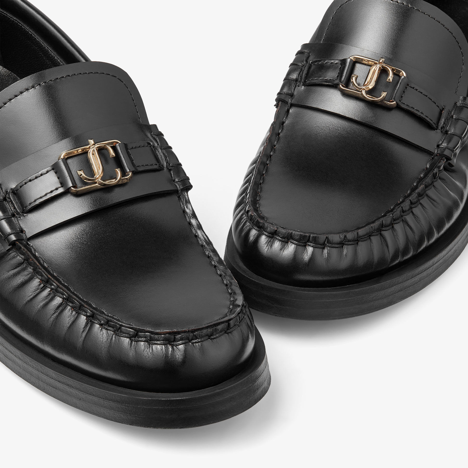Addie Loafer Black Box Calf Leather Flat Loafers with JC Emblem