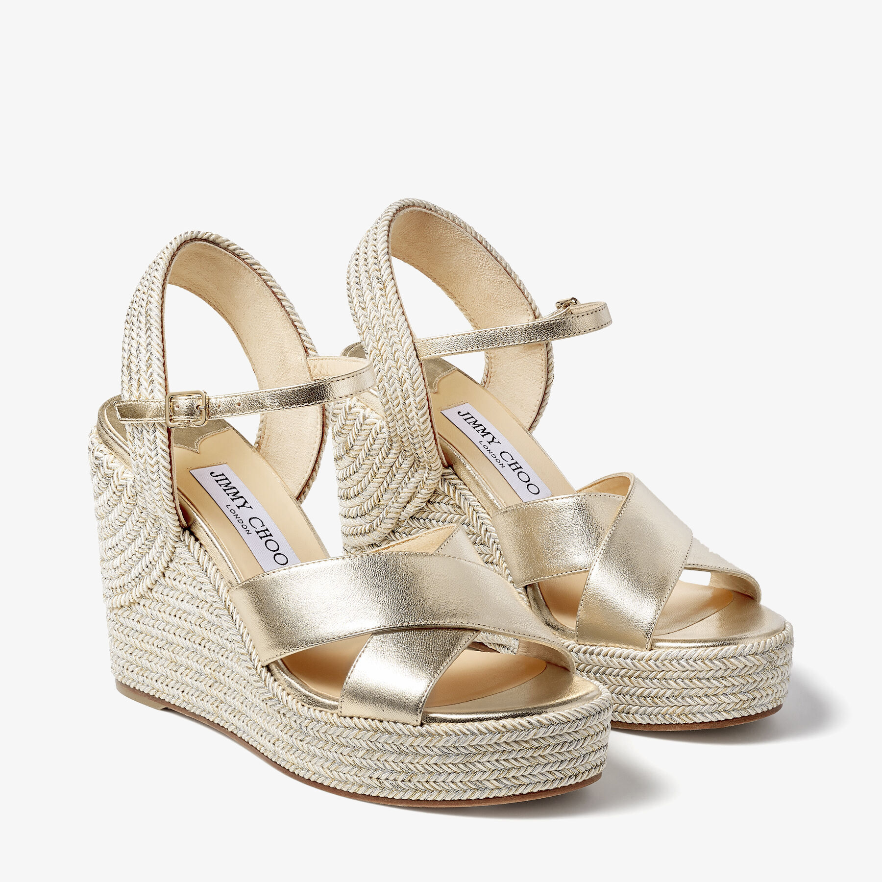 Dellena 100 Champagne Nappa Leather Wedge Sandals with Metallic Rope Thread
