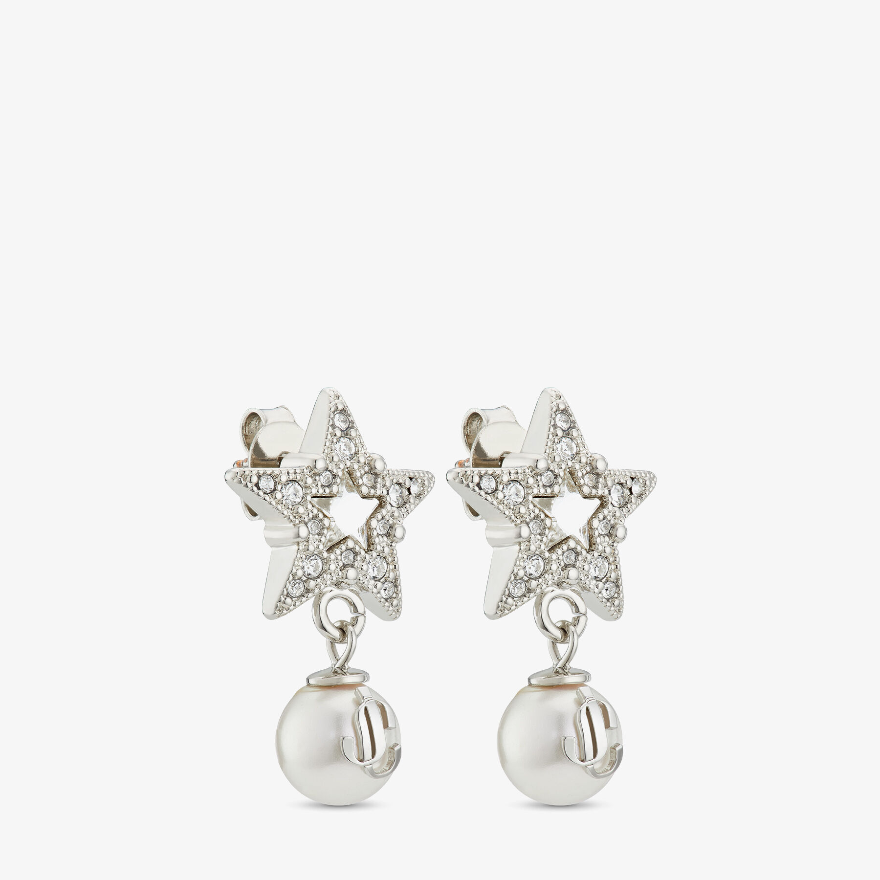 Crystal Star Earrings Silver-Finish Metal Star Earrings with White Resin Pearls and Crystals