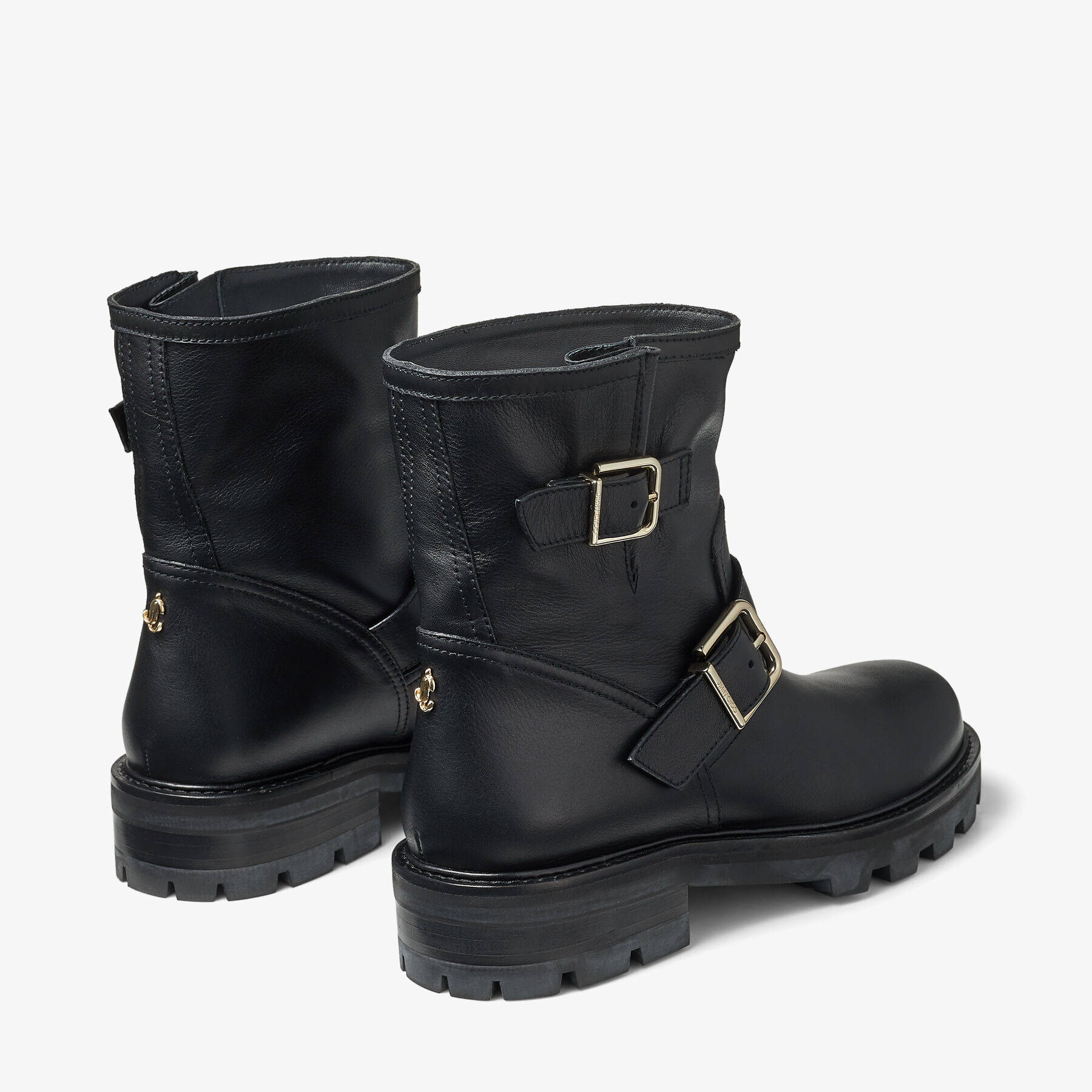 Youth II Black Smooth Leather Biker Boots with Gold Buckles