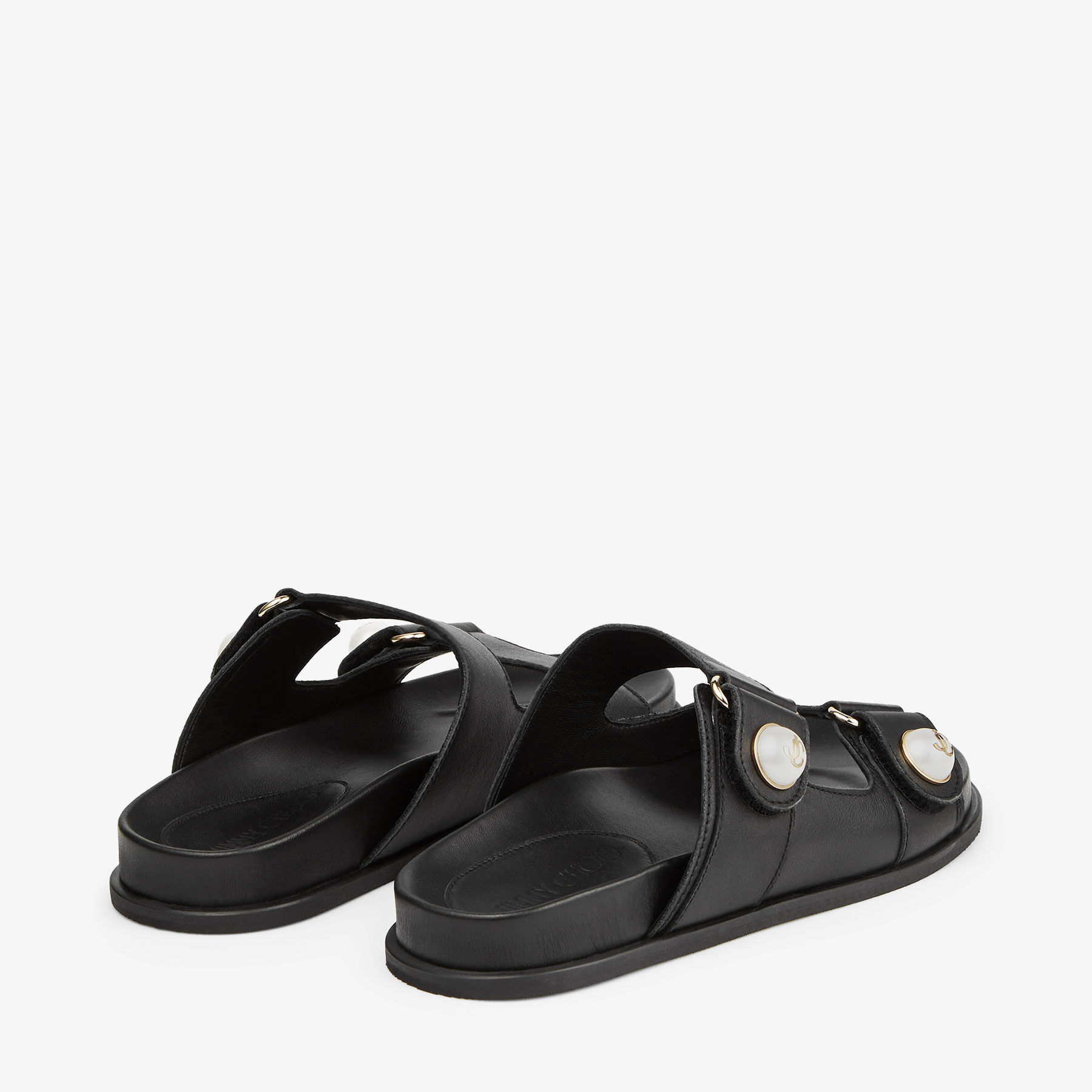 Fayence Sandal Black Leather Flat Sandals with Pearl Embellishment
