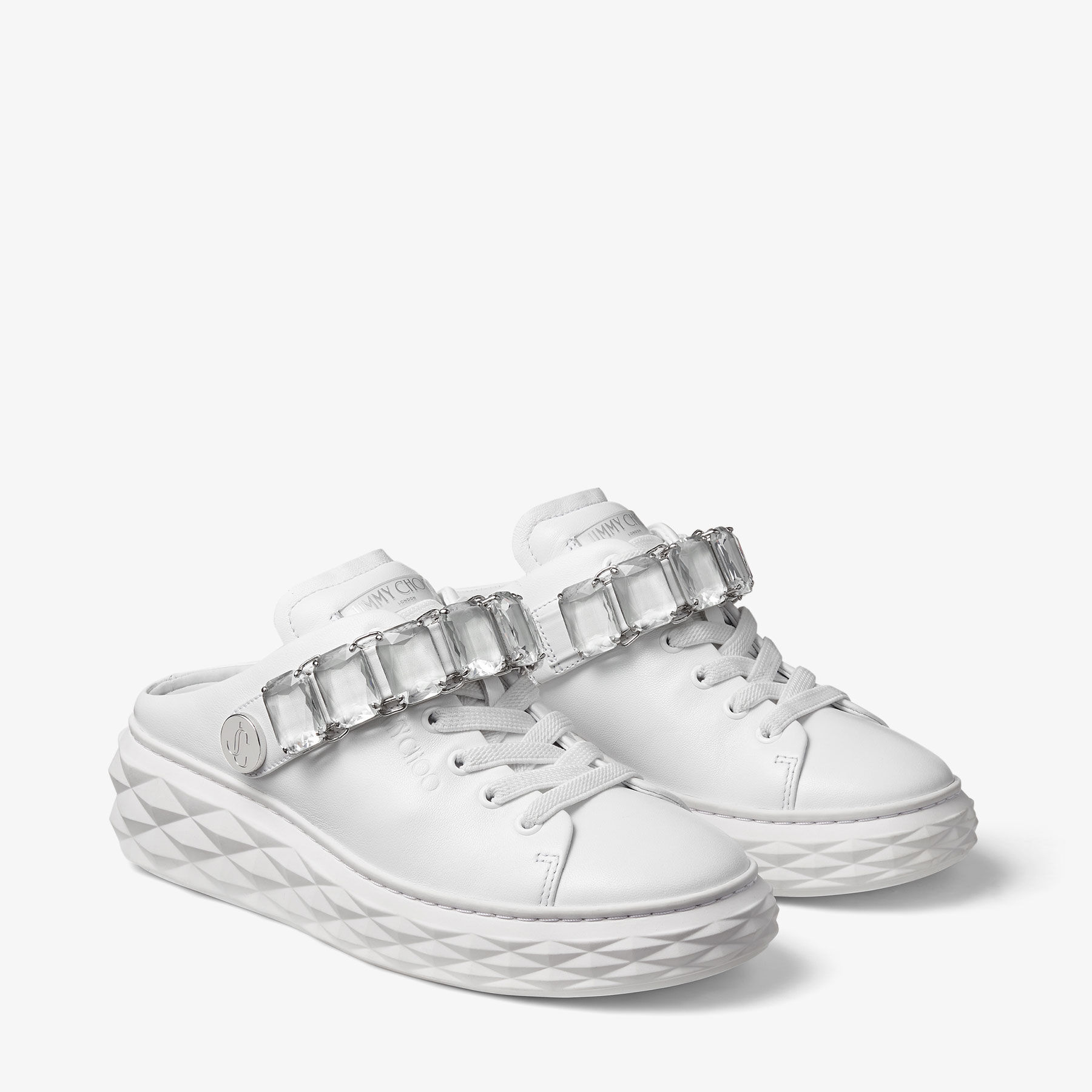 Diamond Sling White Nappa Leather Slipper Trainers with Crystal Strap