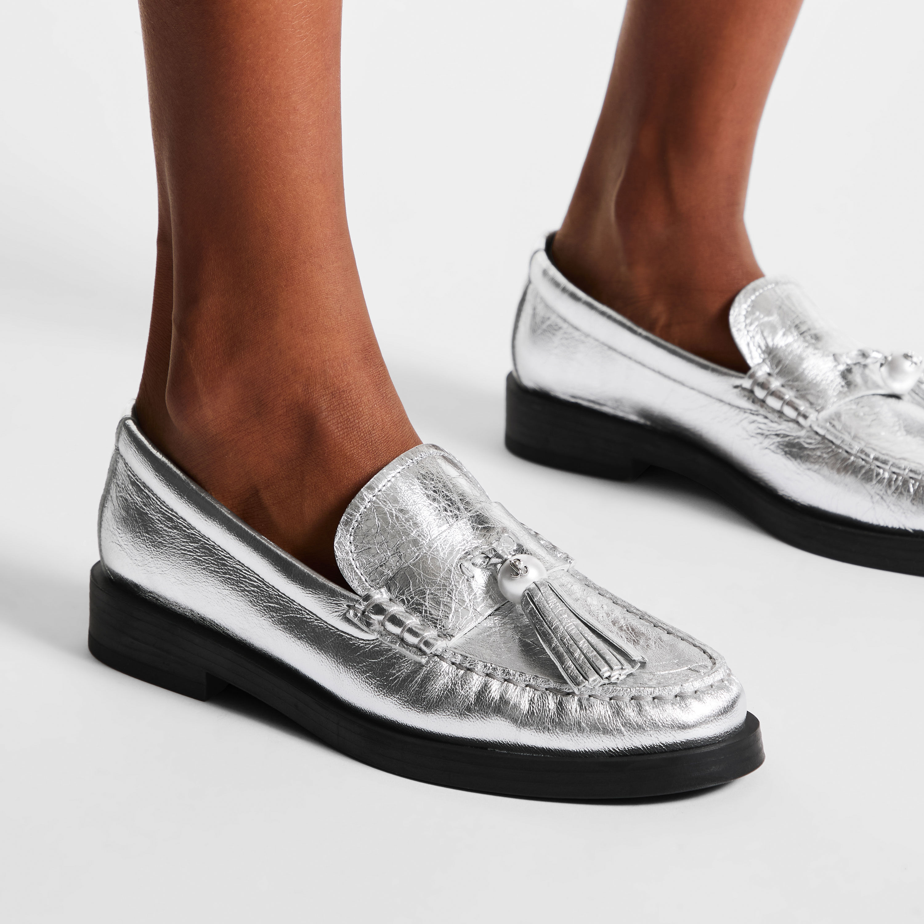 Addie Pearl Silver Metallic Leather Loafers