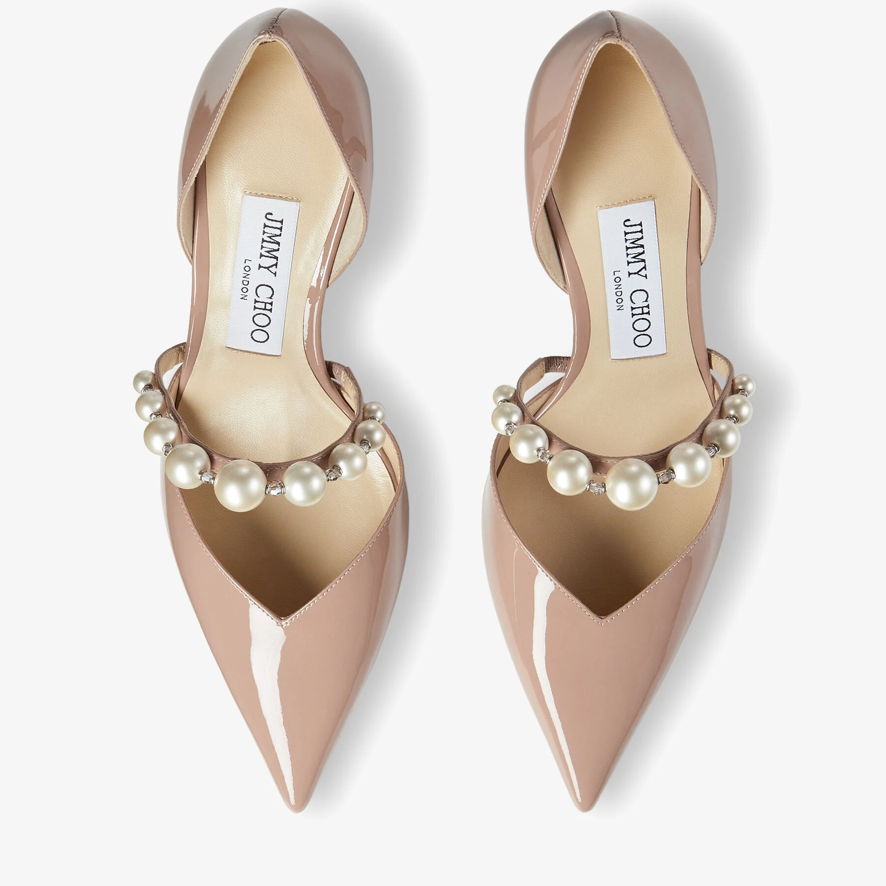 Aurelie 85 Ballet Pink Patent Leather Pointed Pumps with Pearl Embellishment