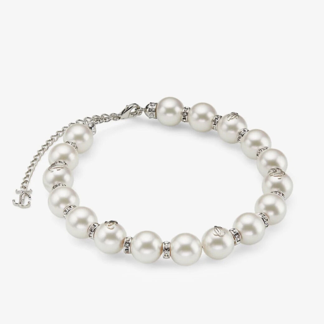 Pearl Crystal Choker Silver-Finish Metal Choker with Pearls and Crystal