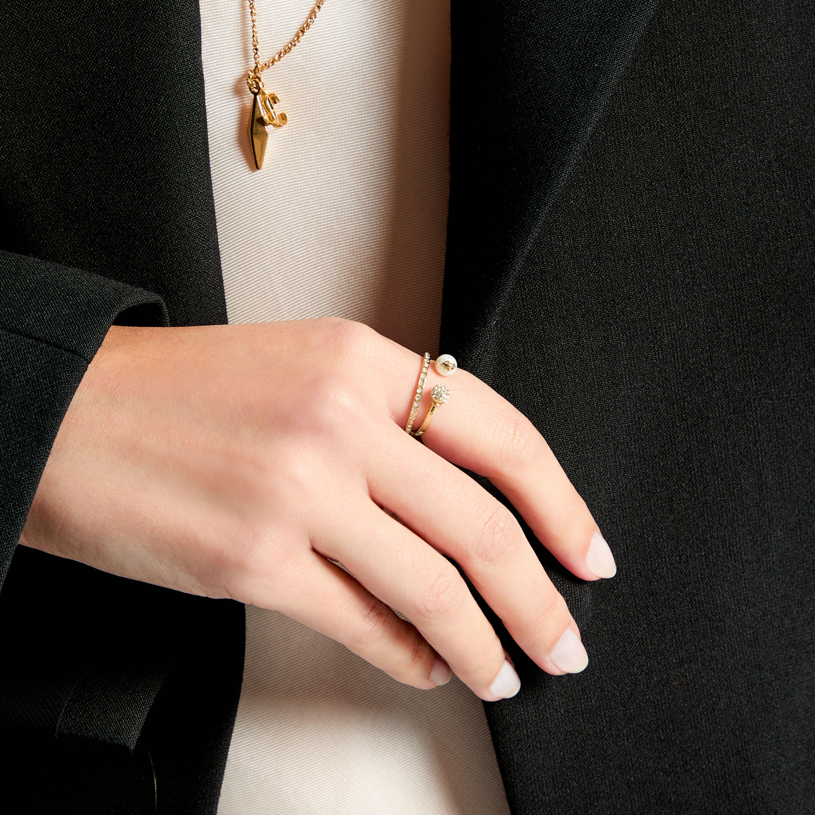 Jimmy Choo Double Ring Gold-Finish Crystal & Pearl Ring