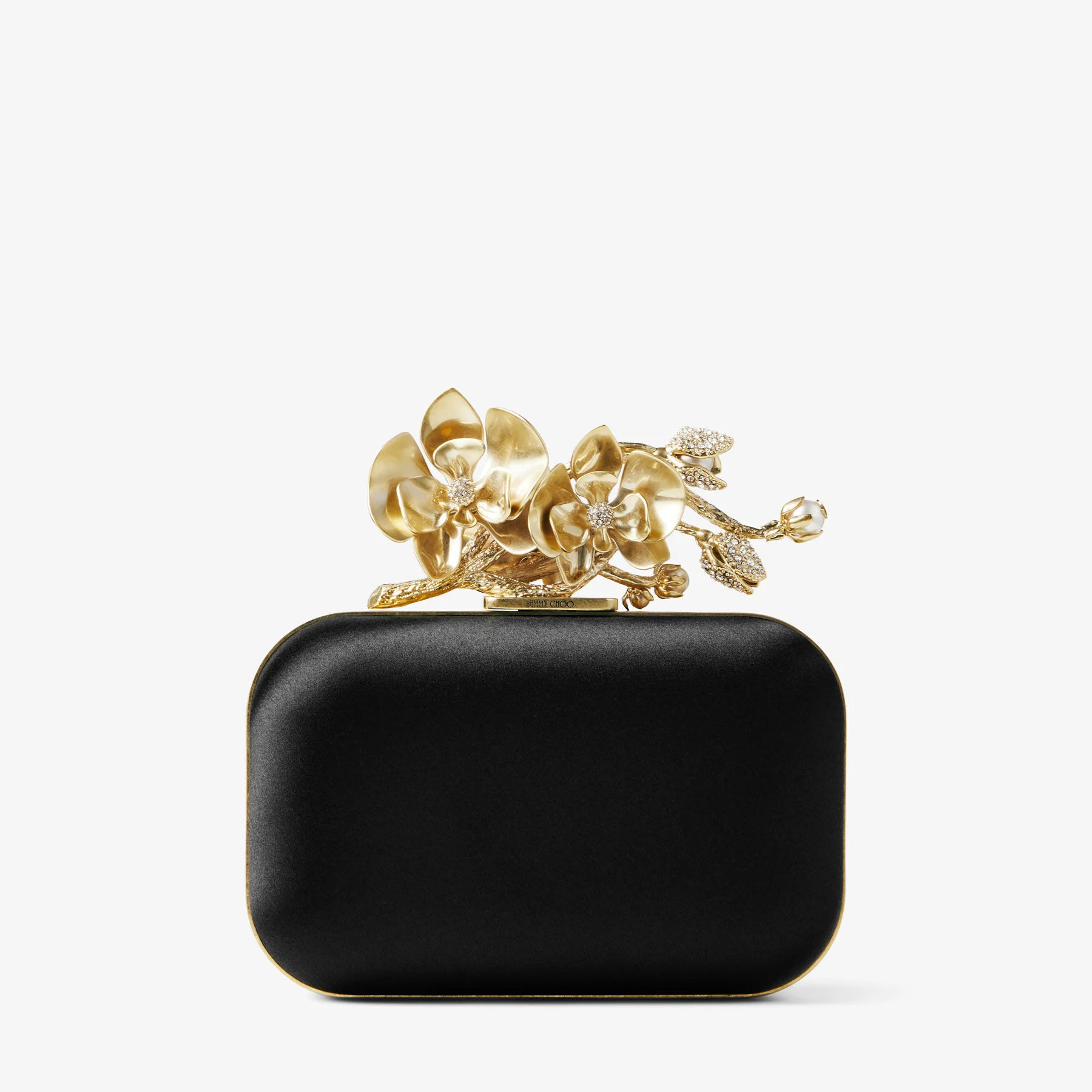 Cloud Black Satin Clutch Bag with Flower Clasp