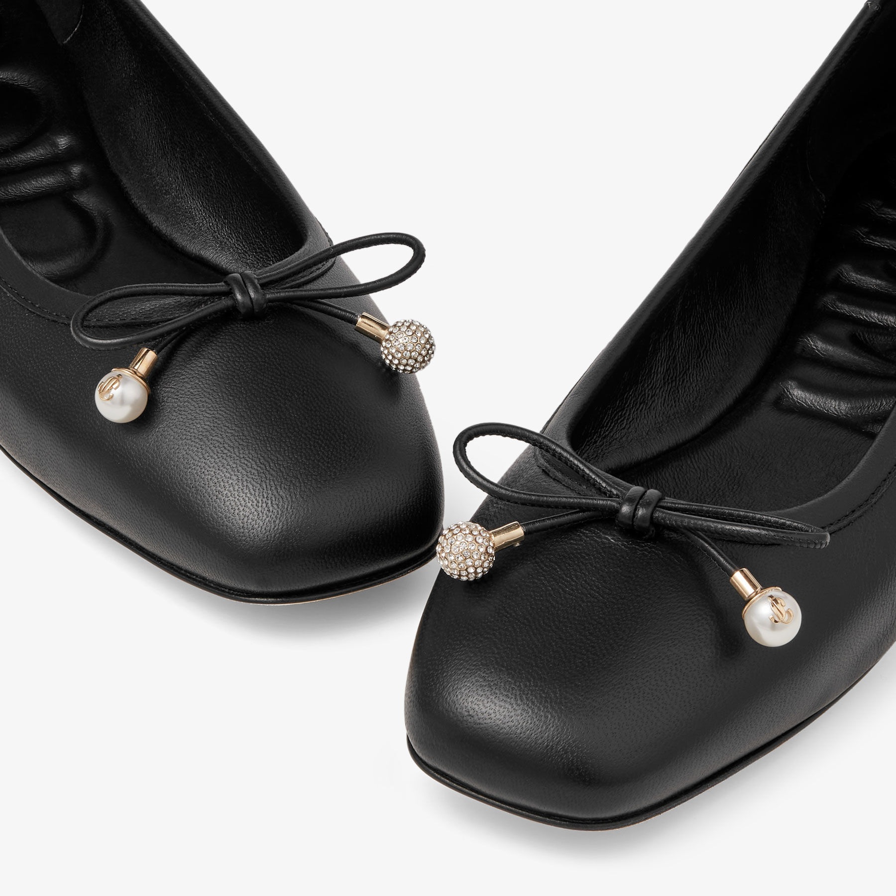 Elme Flat Black Nappa Leather Flats with Pearl Embellishment