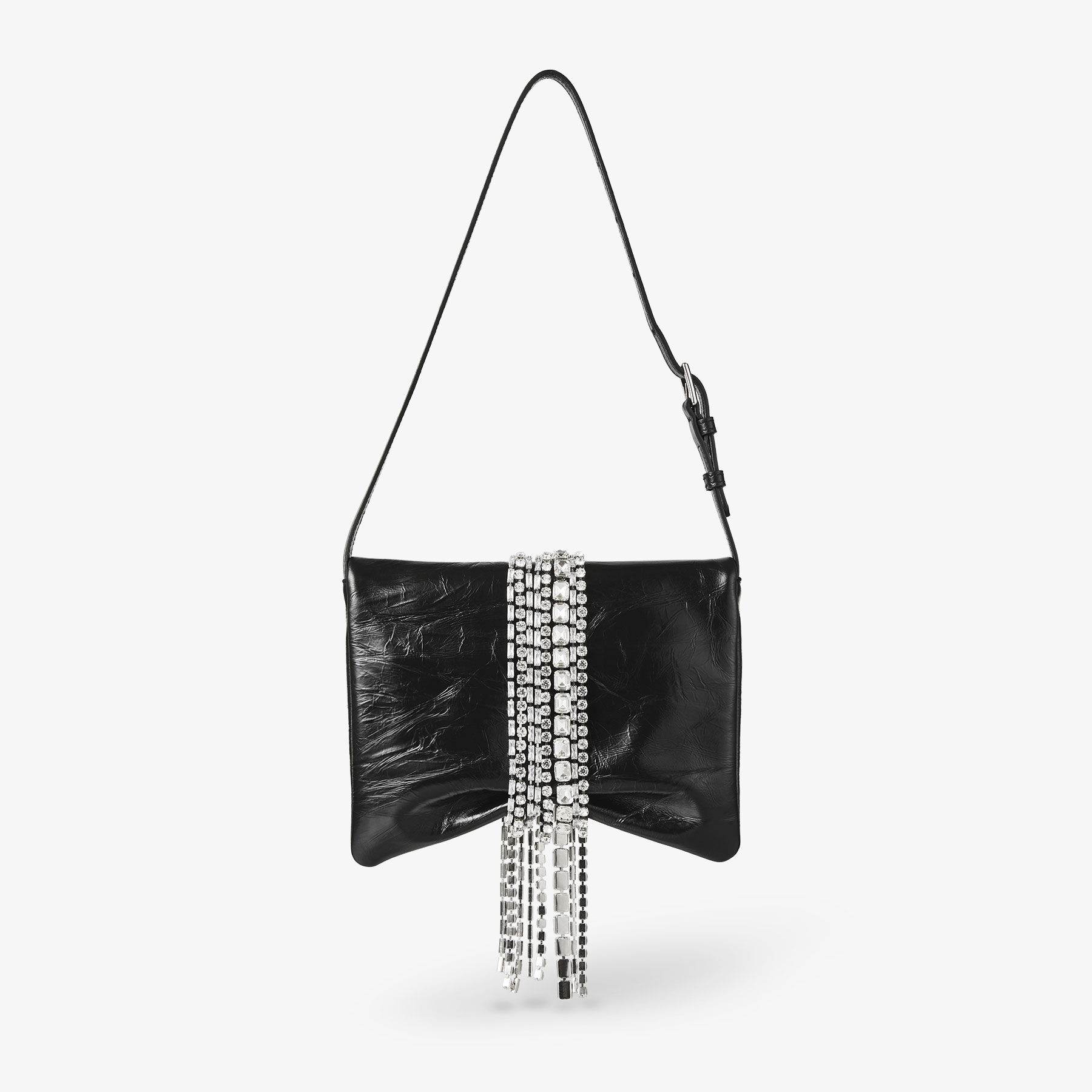 Zandra Shoulder Black Metallic Leather Shoulder Bag with Crystal Embellishments