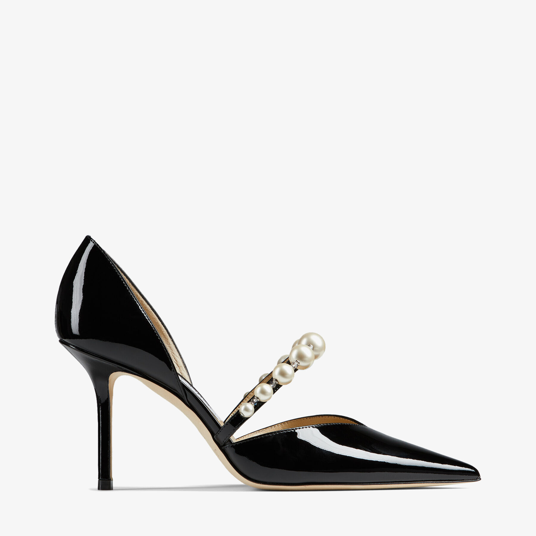 Aurelie 85 Black Patent Leather Pointed Pumps with Pearl Embellishment