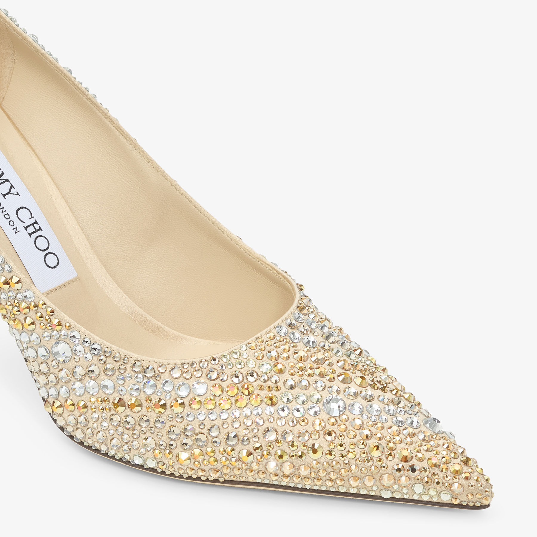 Love 85 Gold Satin Crystal Pumps