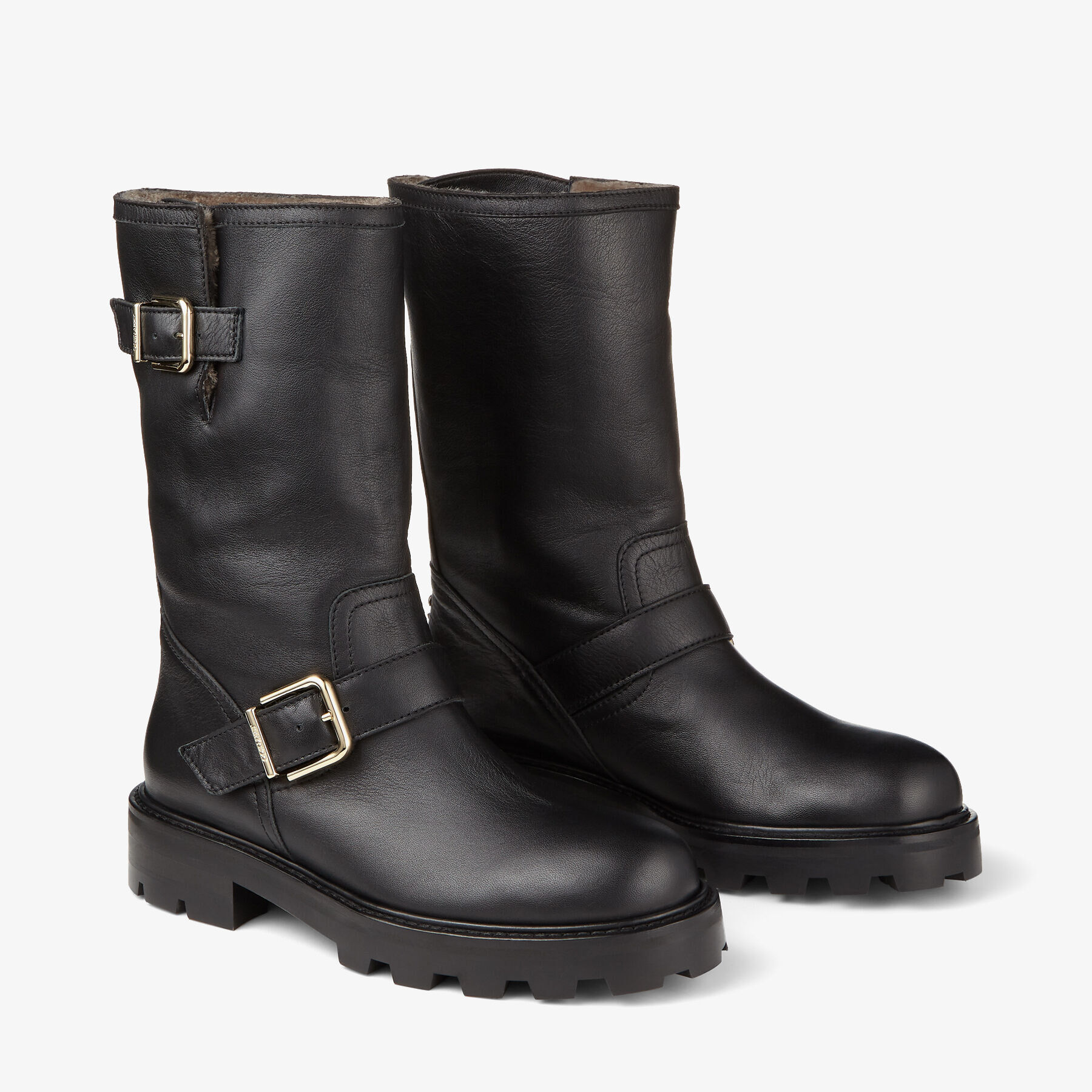 Biker II Shearling Black Smooth Leather Biker Boots with Shearling Lining