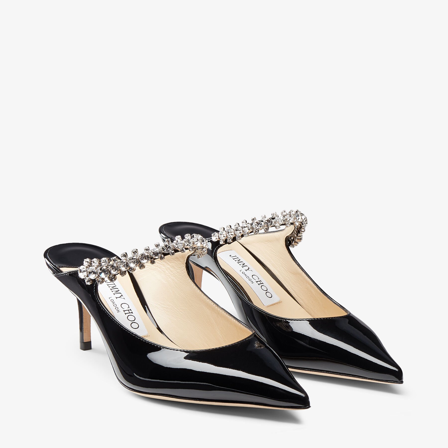 Bing 65 Black Patent Leather Mules with Crystal Strap