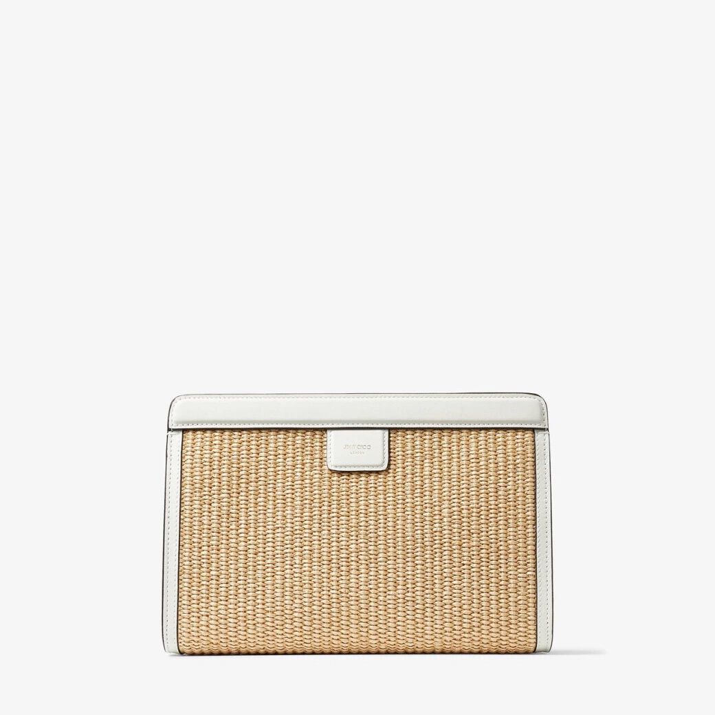 Avenue London Pouch Natural/Latte Embroidered Raffia and Leather Pouch