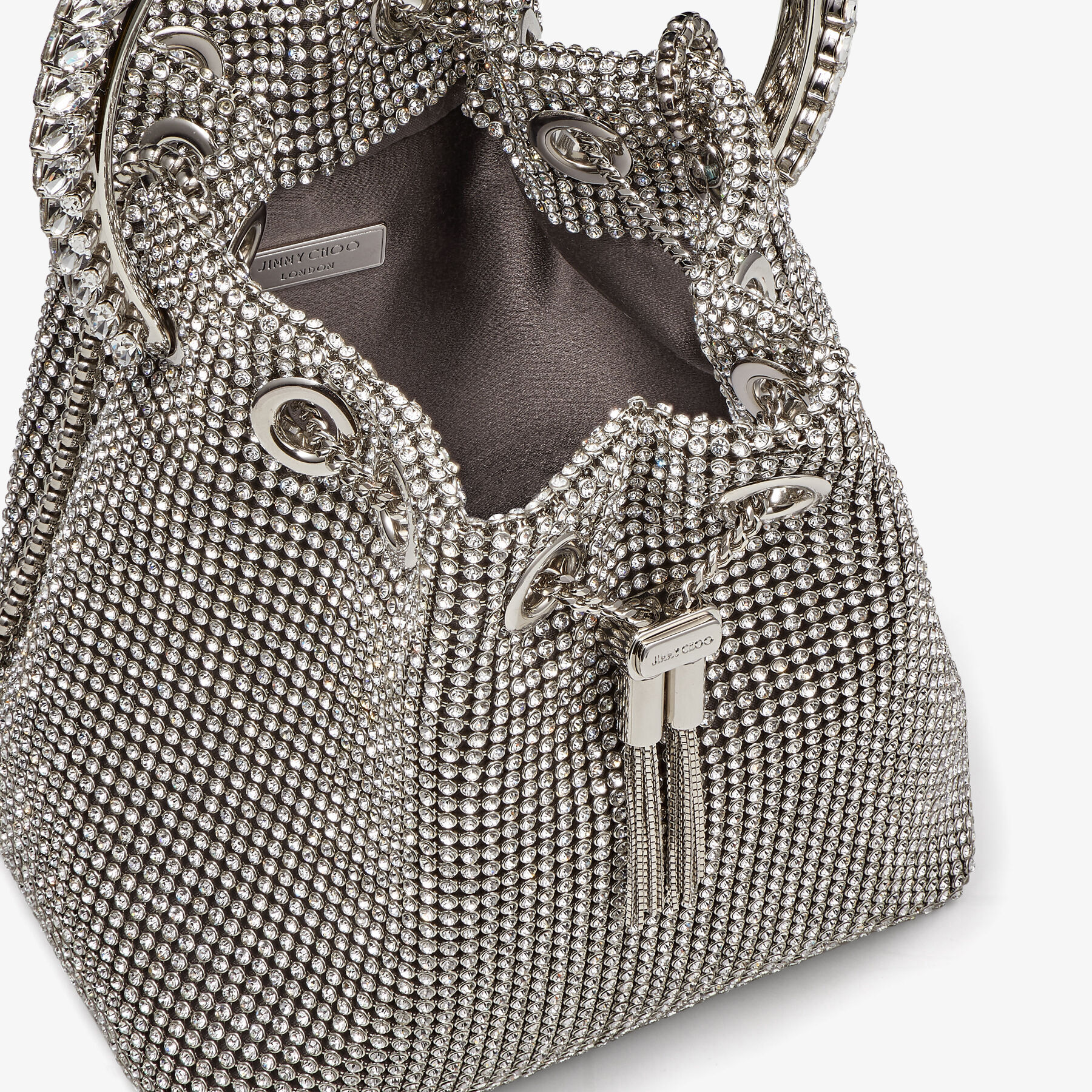Bon Bon Silver Satin Crystal Mesh Bag with Crystal Handle