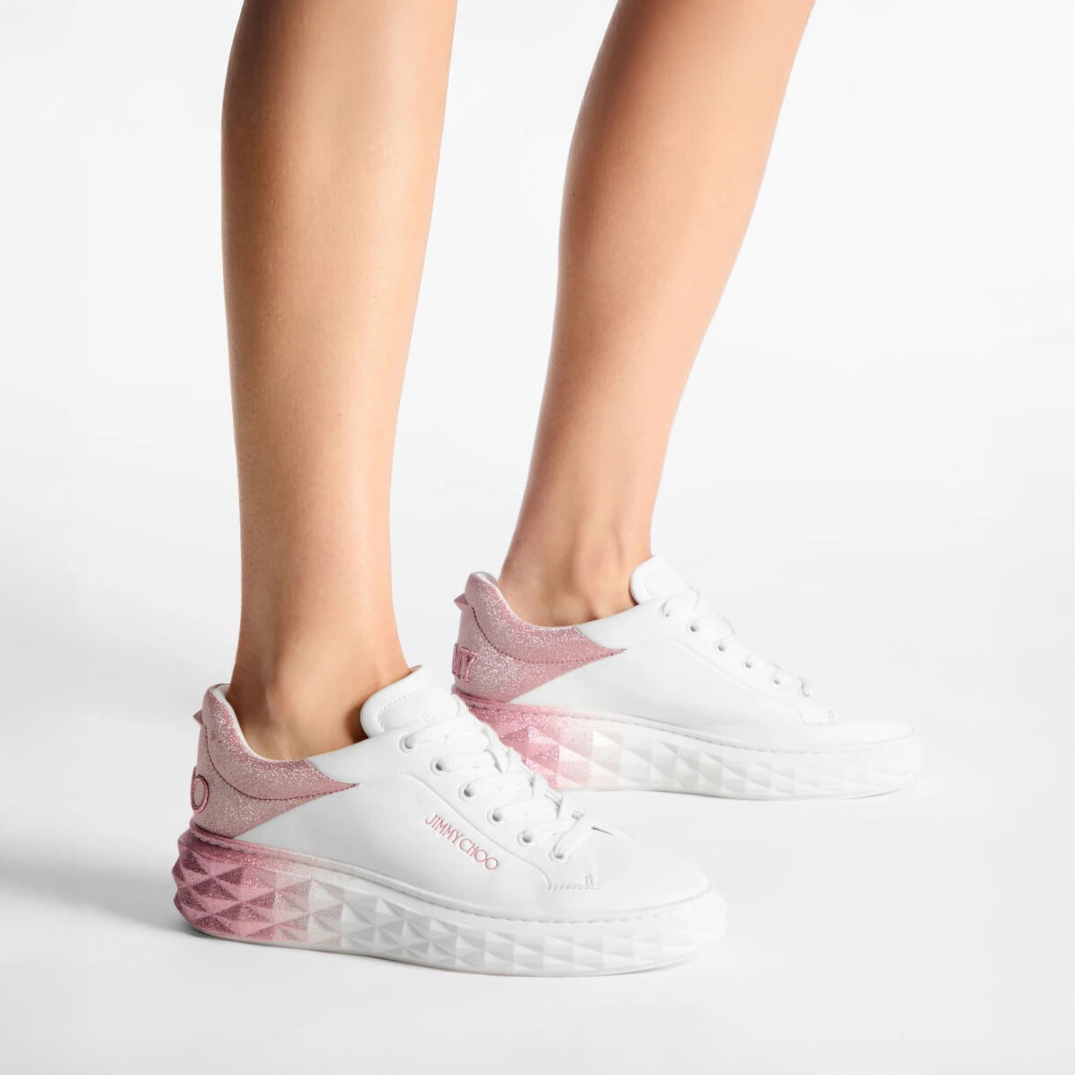 Diamond Maxi F II White & Rose Nappa Leather Glitter Trainers